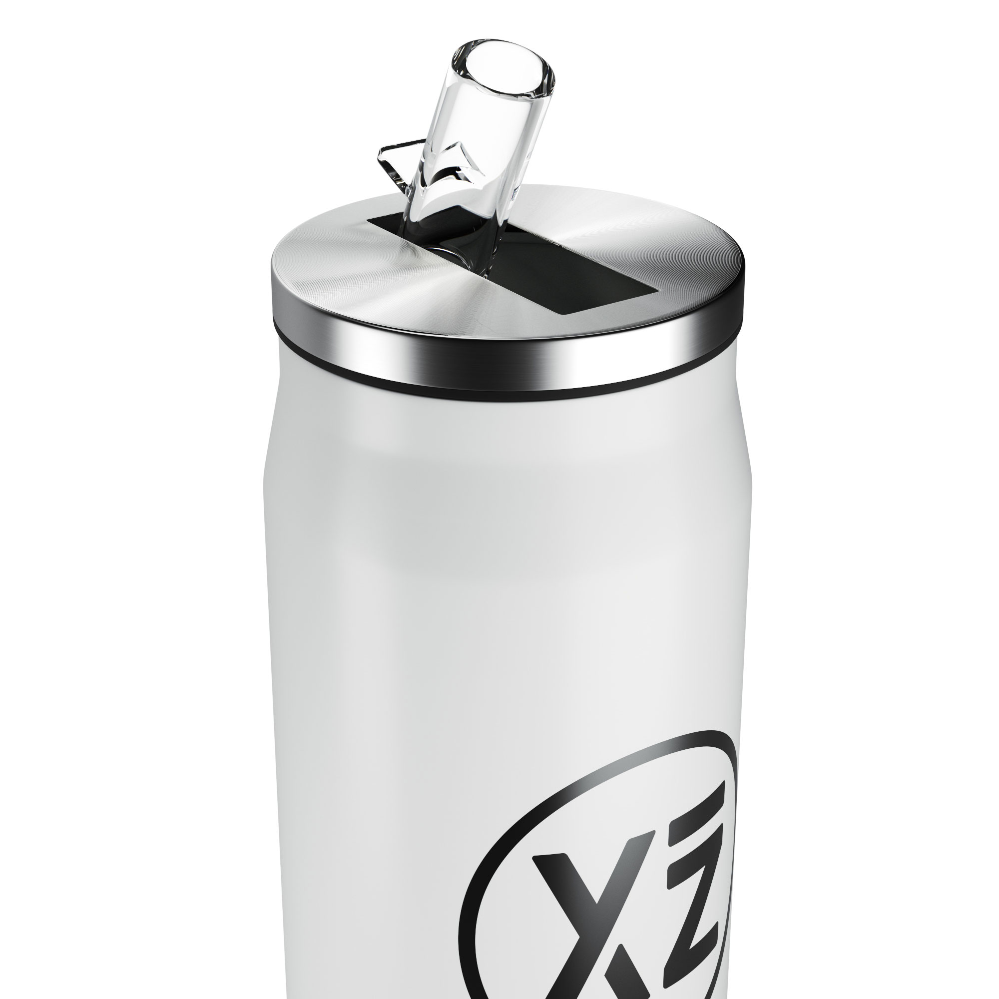 Botella de agua blanca en forma de lata con logo negro. Tapa de acero inoxidable y pajita clara.
