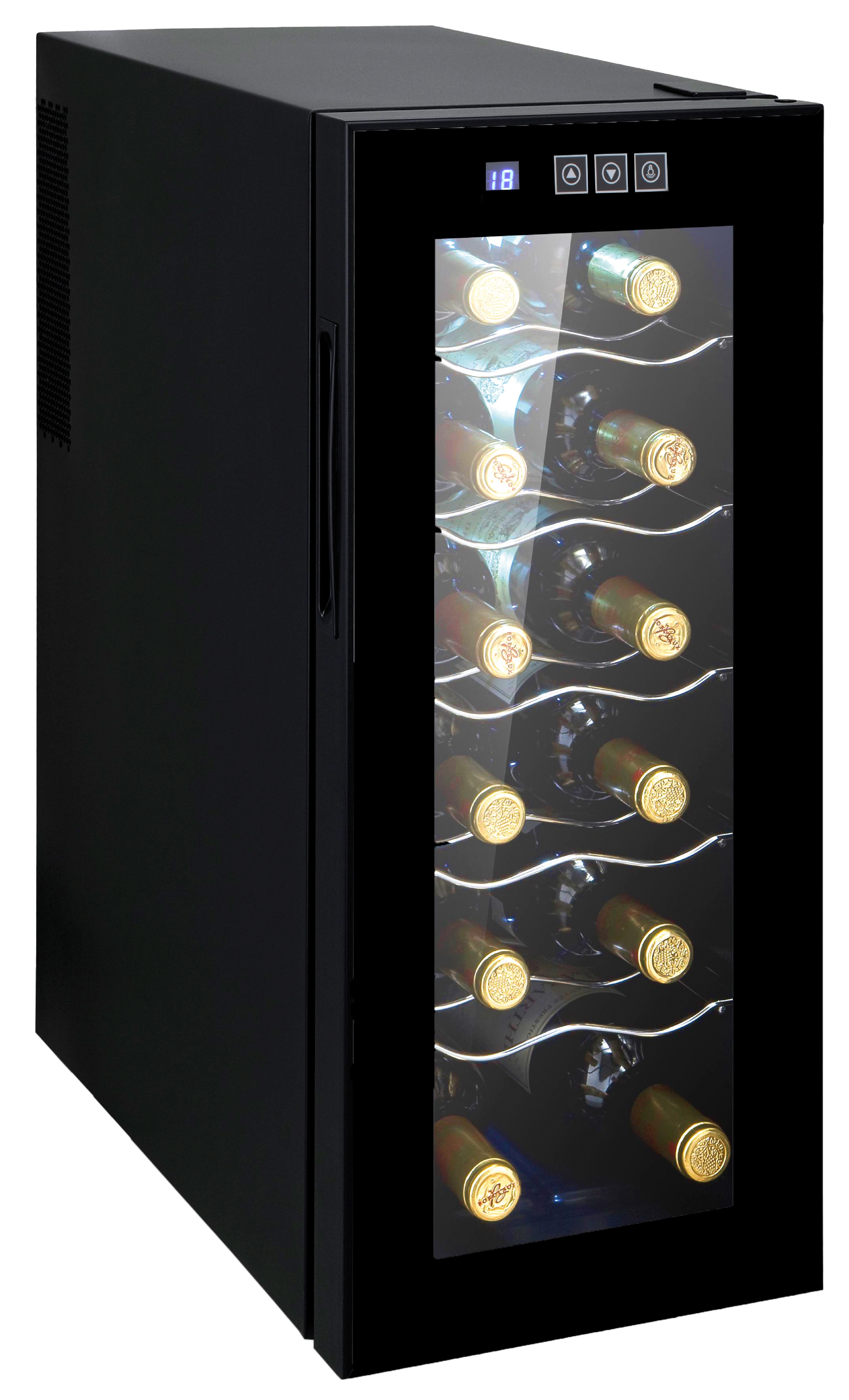 Vinoteca - CR 8068, Vinoteca 12 Botellas, Vertical, 32 L, Pantalla LED Control, 5 Estantes, Bajo Nivel Ruido, C CAMRY, 12 botellas, 12 l, Negro