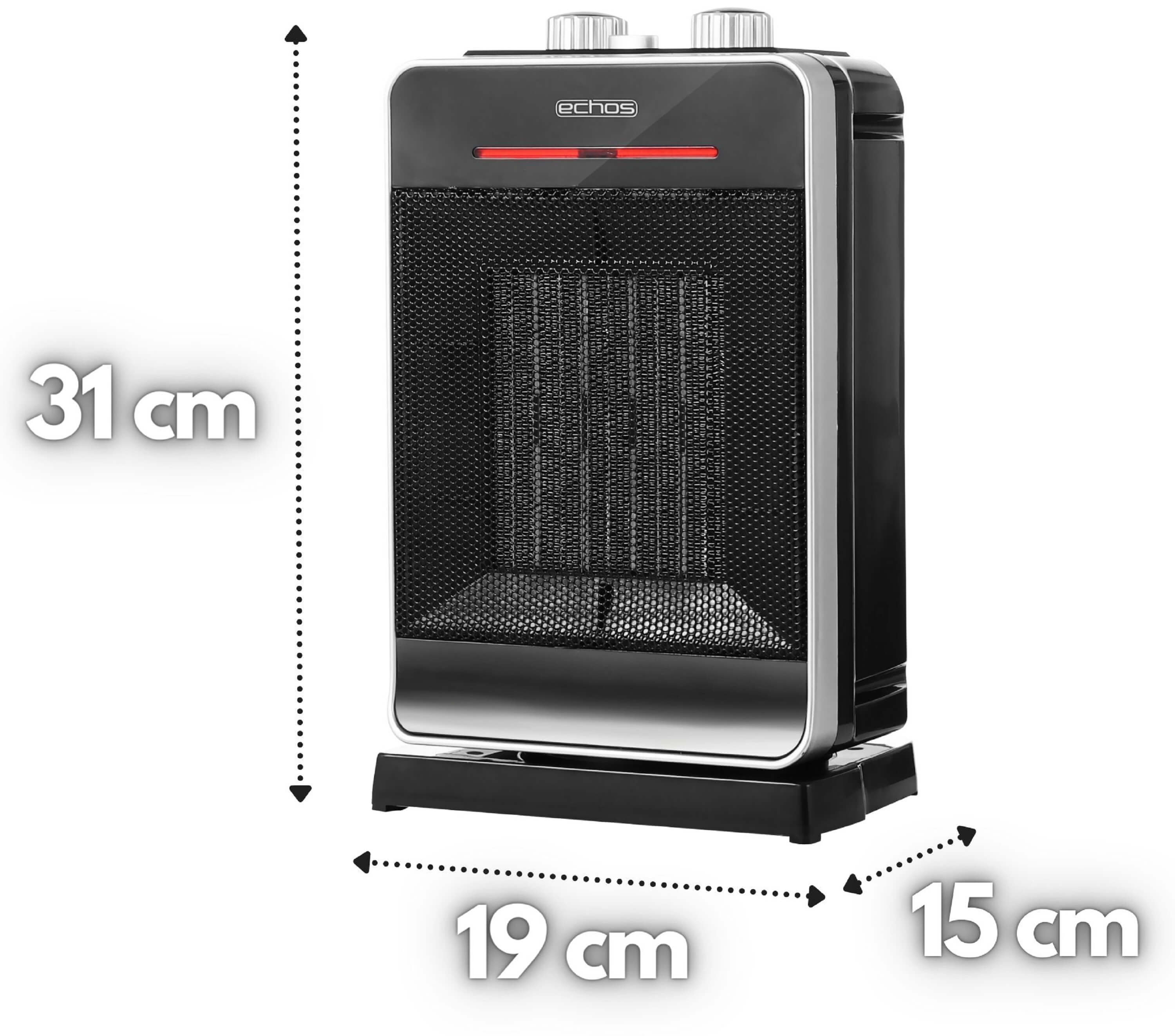 Schwarz-silberner Elektroheizer mit den Maßen: 31 cm Höhe, 19 cm Breite, 15 cm Tiefe.