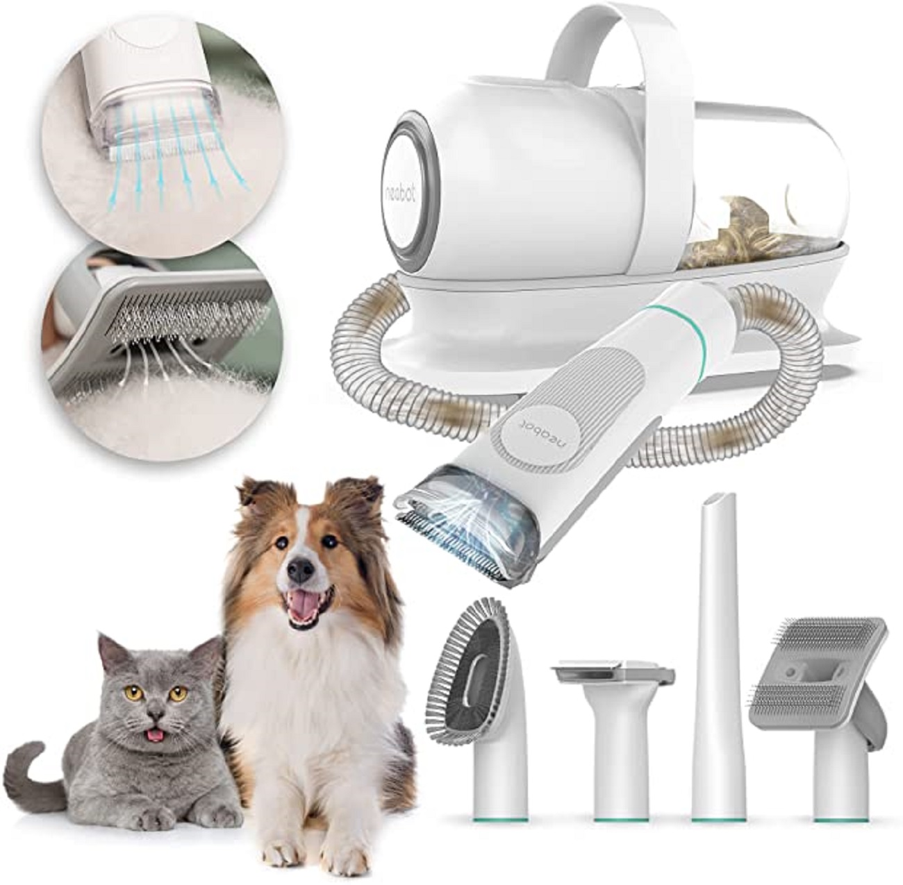Ein Haustierpflege-Set mit Hund und Katze. Das Set enthält mehrere Pflege-Werkzeuge und eine Vakuumeinheit.
