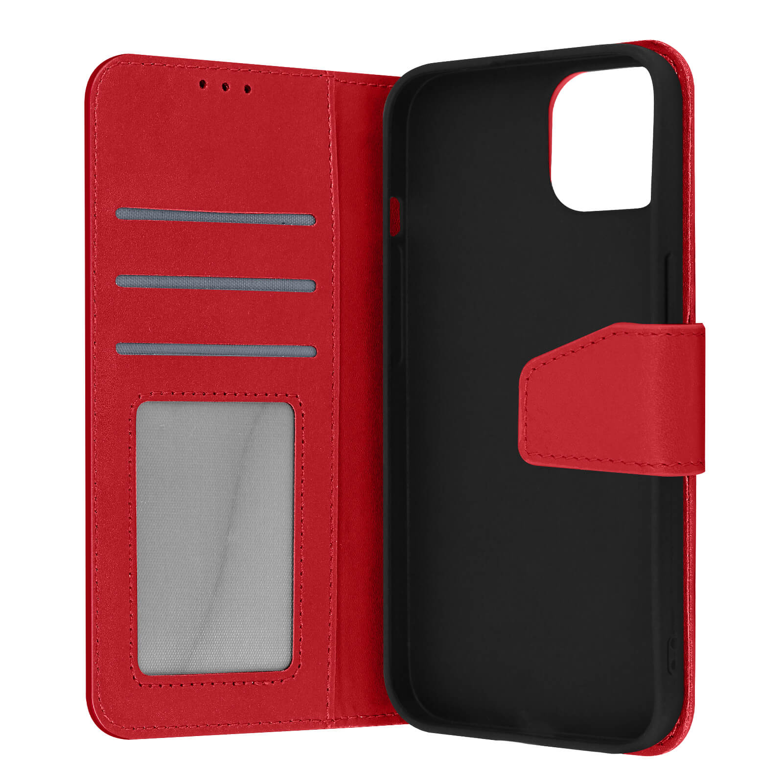 Un étui de téléphone rouge. L'étui est ouvert et montre l'intérieur. Le dos est noir.