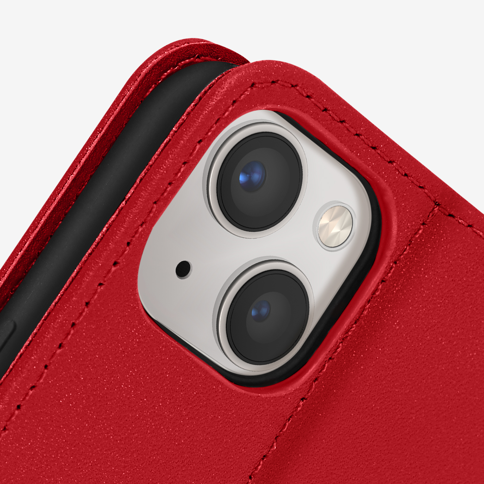 Étui de téléphone en cuir rouge avec deux objectifs d'appareil photo visibles.