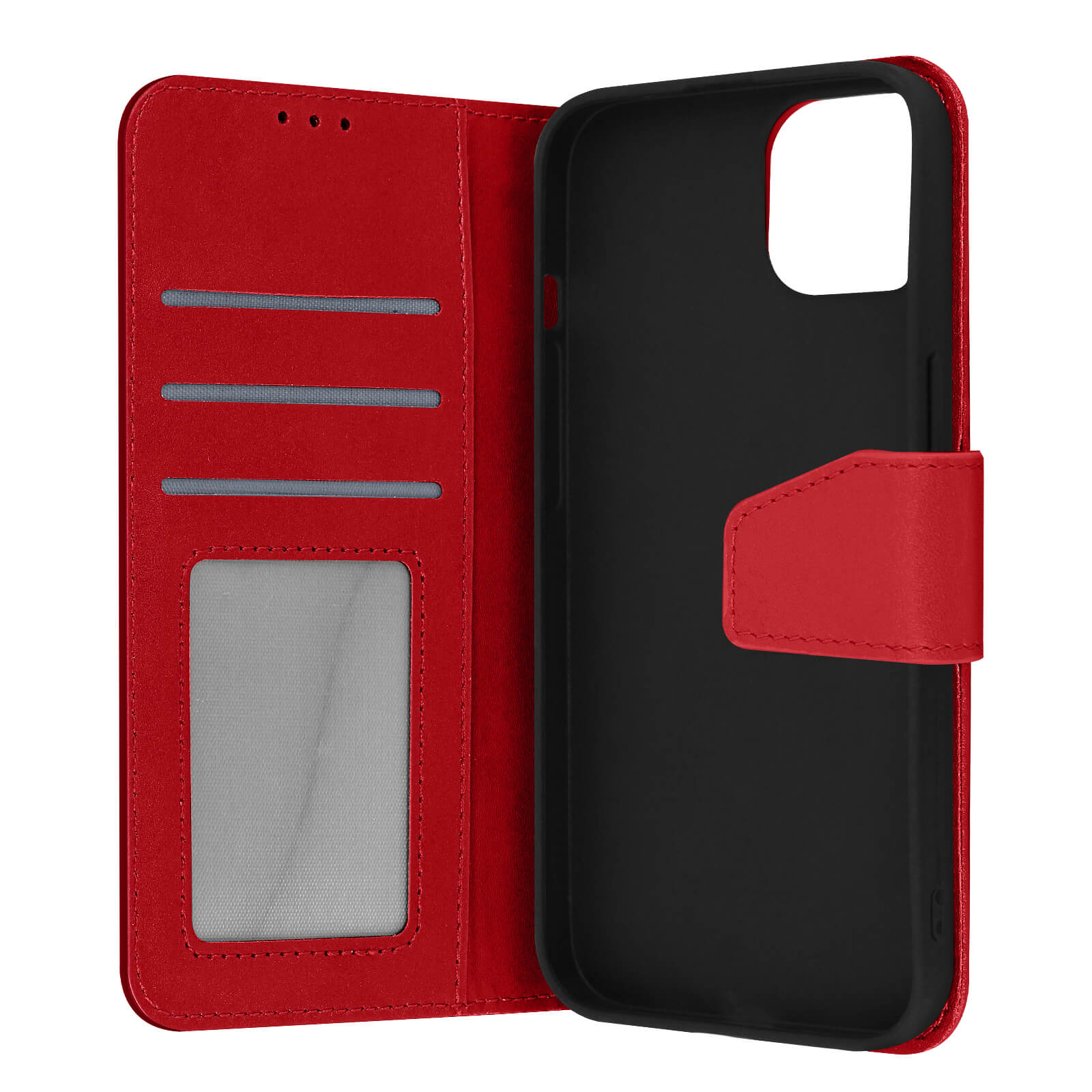 Coque de téléphone rouge. La coque est ouverte pour montrer l'intérieur. Le fond est noir.