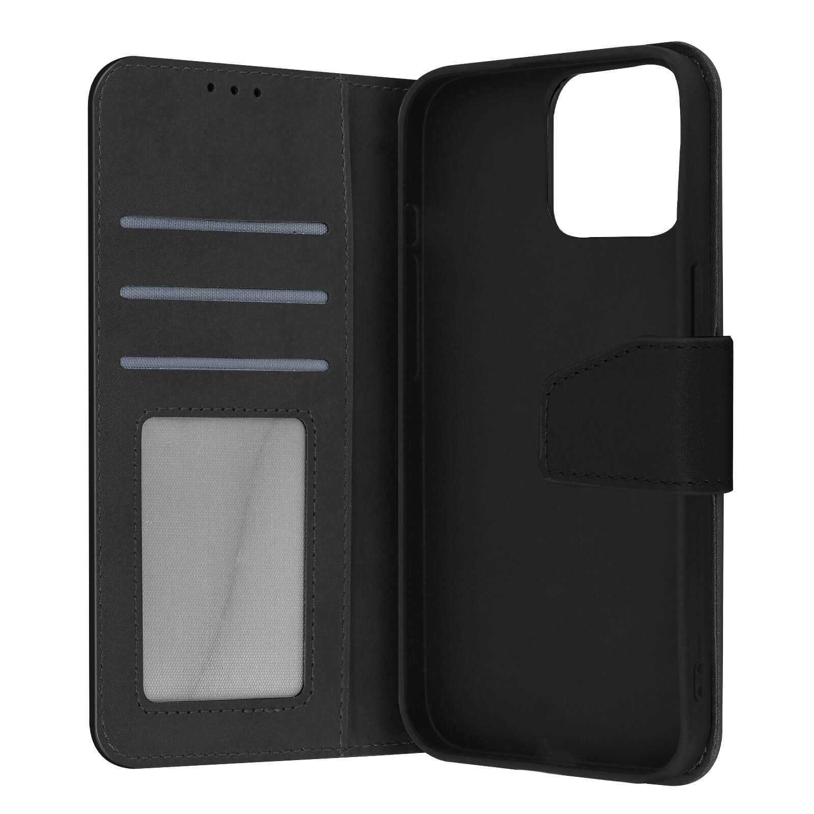 Coque de téléphone noire, ouverte, montrant l'intérieur et une fenêtre transparente. Fond blanc.