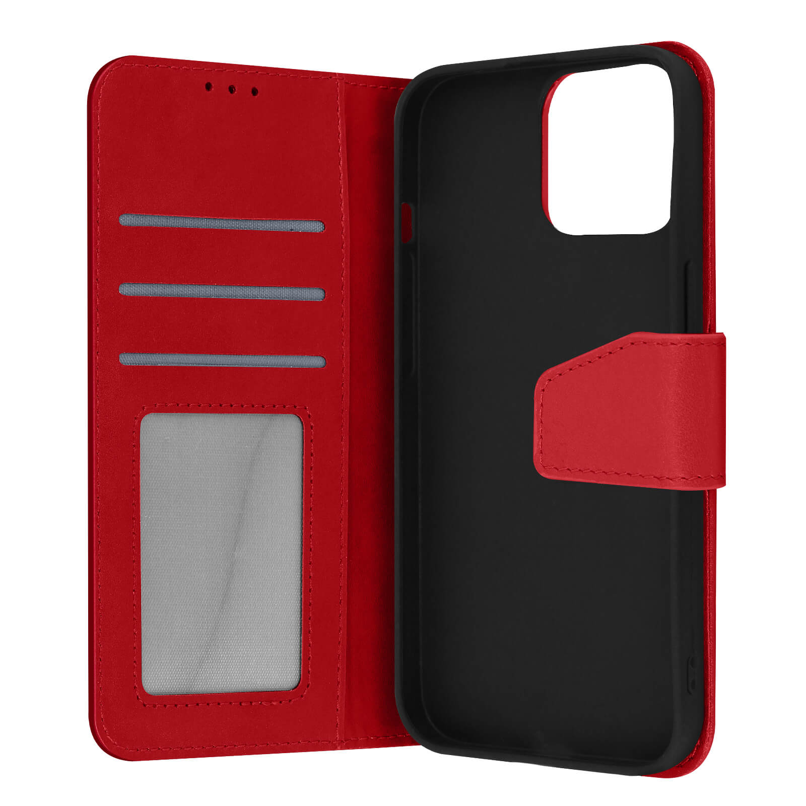 Un étui de téléphone rouge ouvert, révélant un intérieur noir et une fente pour carte claire.