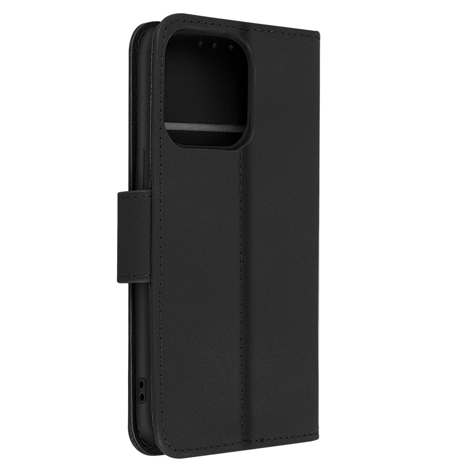 Étui de téléphone noir, fermé. S'ouvre pour montrer le téléphone et une fente pour carte. Design minimaliste.