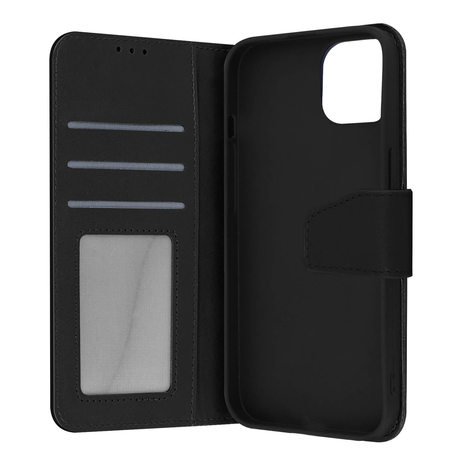 Zwarte portemonneehoes voor een telefoon, open en dicht. De binnenkant heeft kaartsleuven.