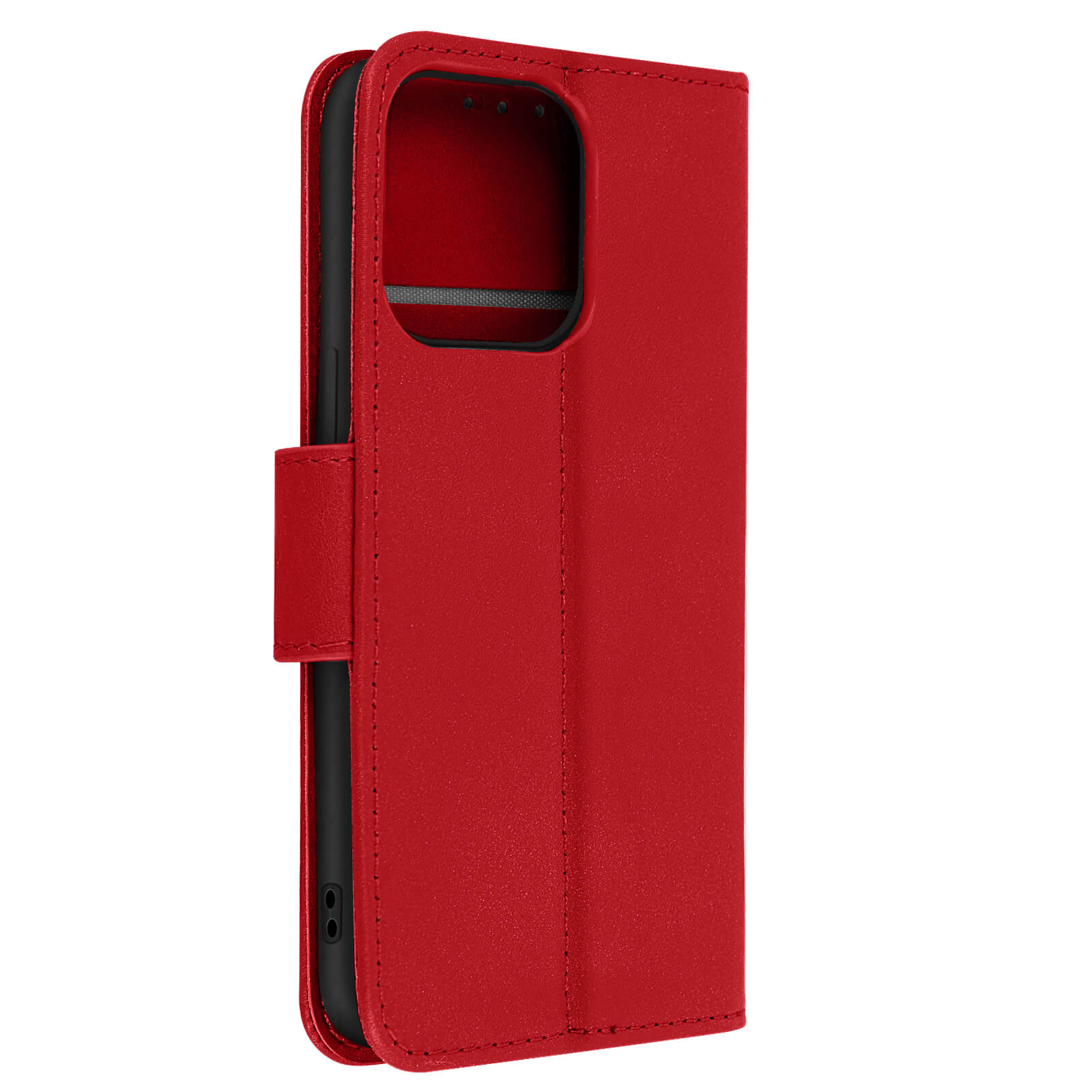 Étui de téléphone rouge, fermé. L'étui est fait d'un matériau lisse et possède une fermeture magnétique.