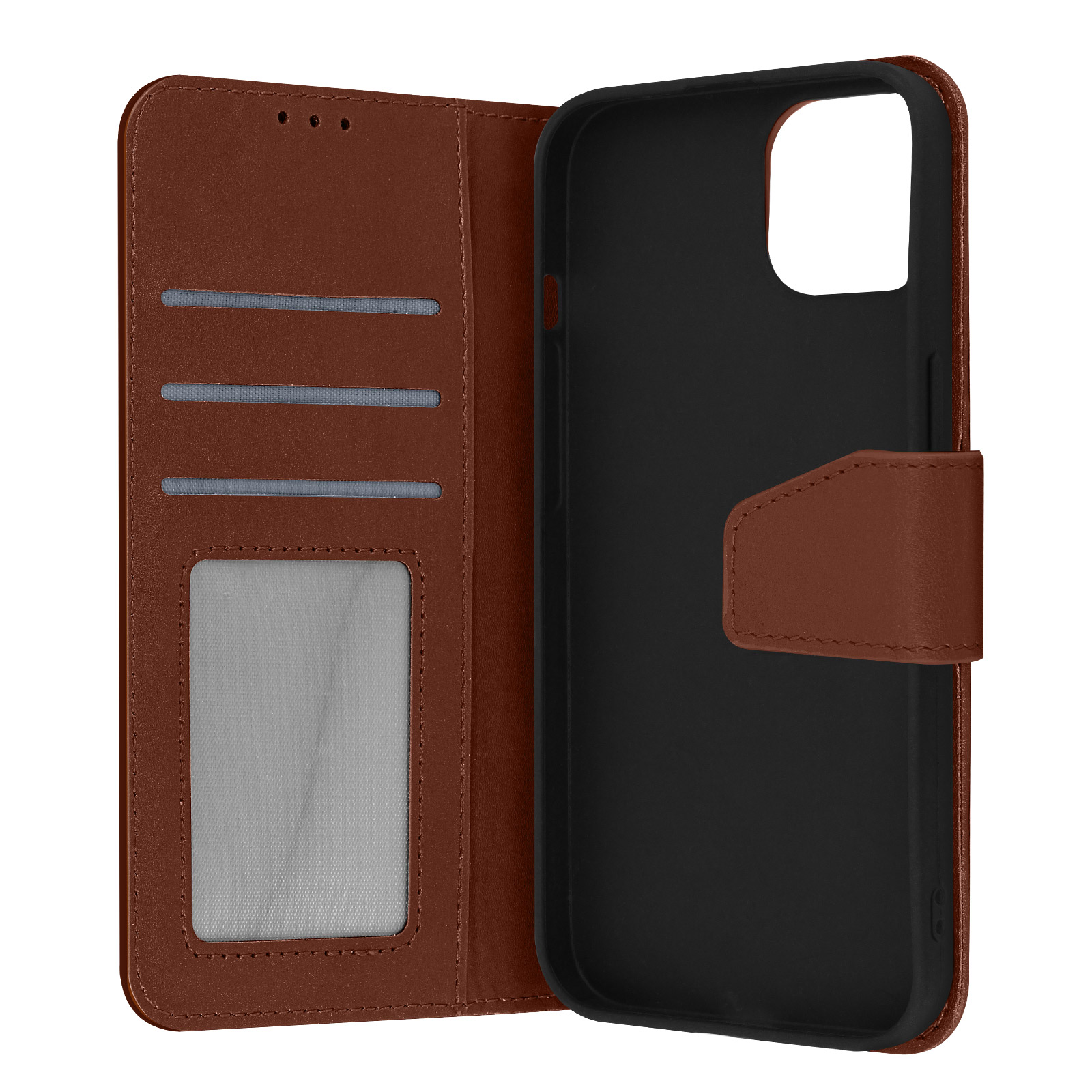 Bruine leren telefoonhoes, open, met kaartsleuven en een zwart telefooninterieur.