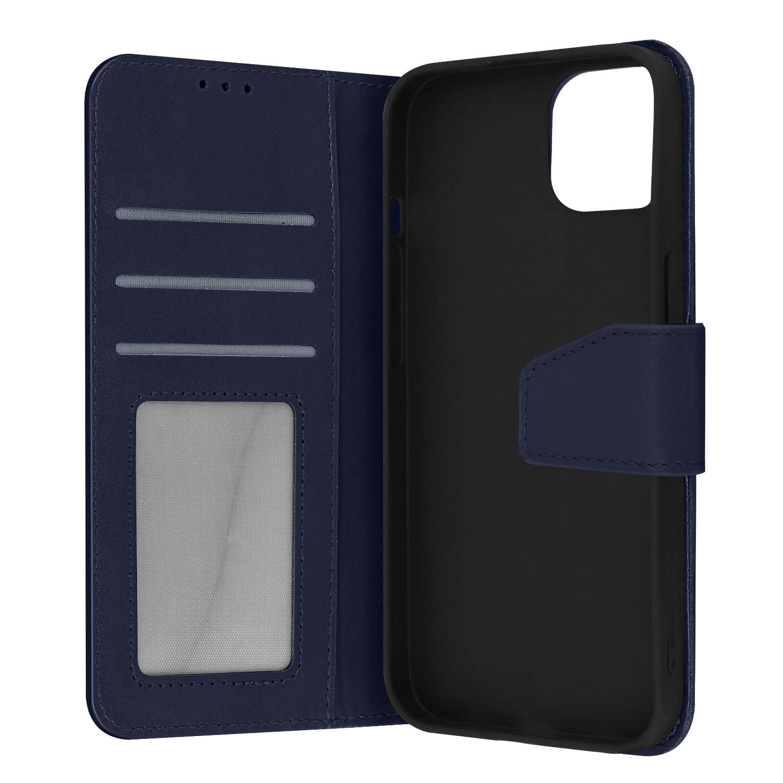 Étui de téléphone bleu, ouvert. Révèle des fentes pour cartes et un support de téléphone.