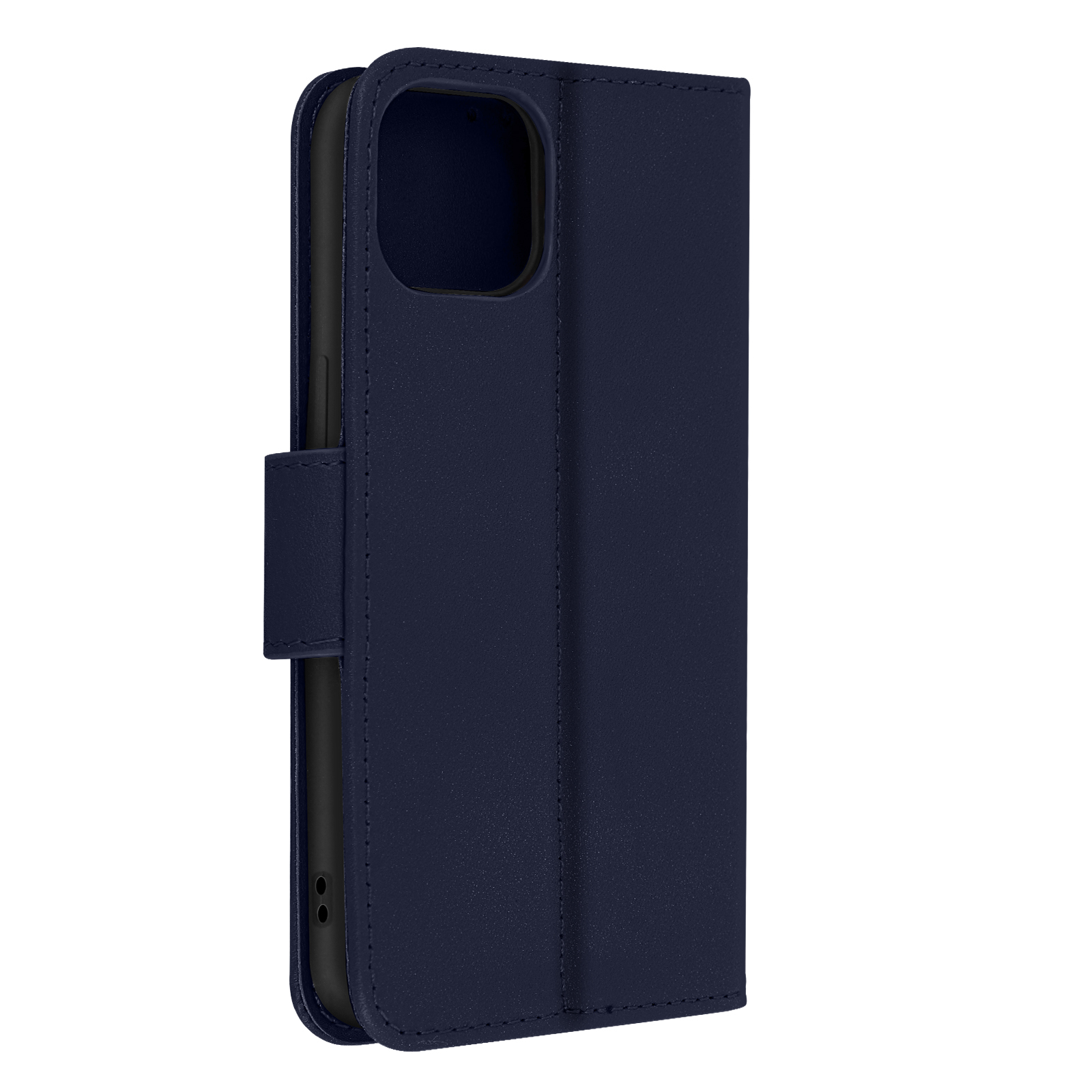 Un étui de téléphone bleu marine, montrant le téléphone à l'intérieur.