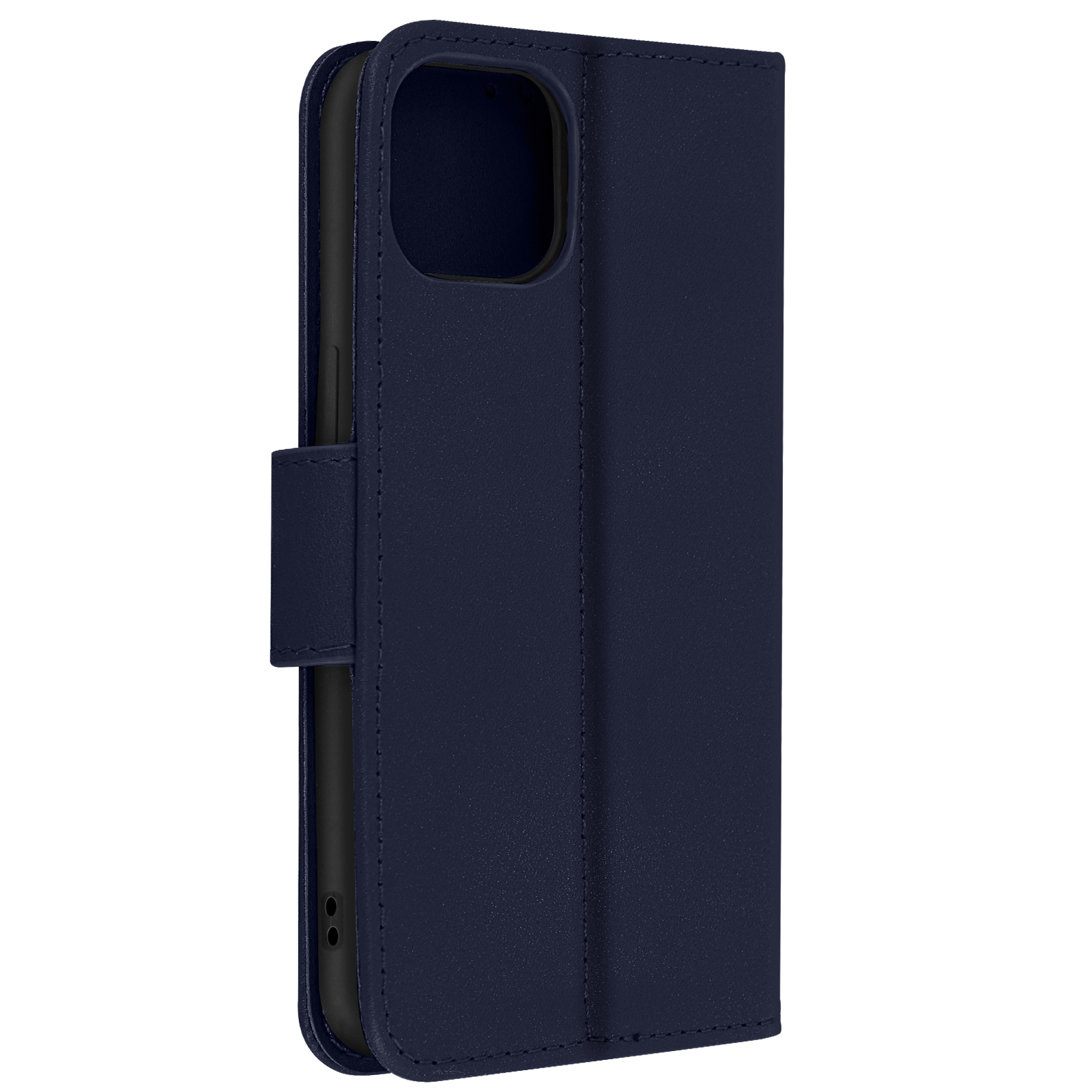 Een blauwe leren telefoonhoes met een flap en een magnetische sluiting.