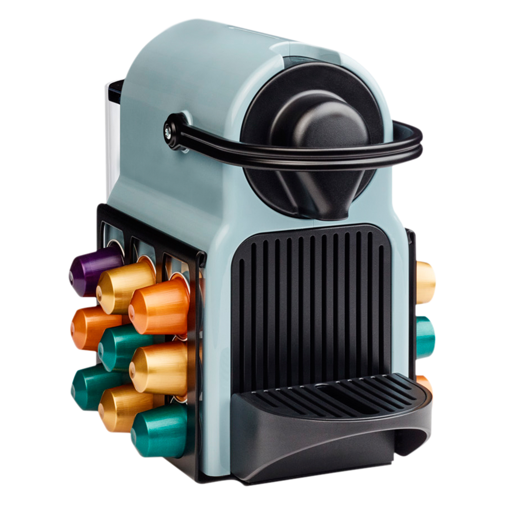 Hellblaue Nespresso-Kaffeemaschine mit einem Gestell voller bunter Kaffeepads.
