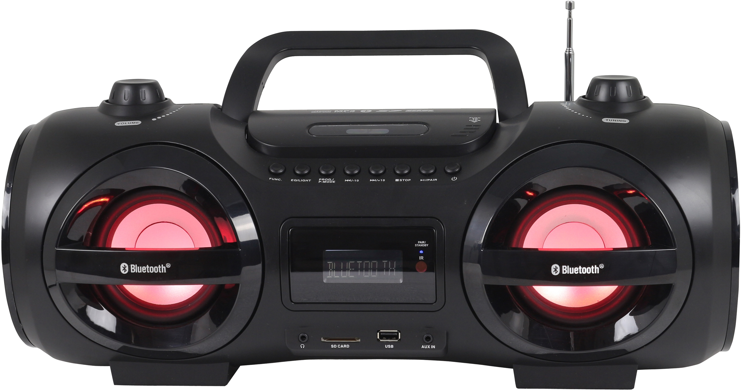 Schwarze Boombox mit roten Lautsprecherlichtern, Knöpfen und Display. Bluetooth-Logo sichtbar.