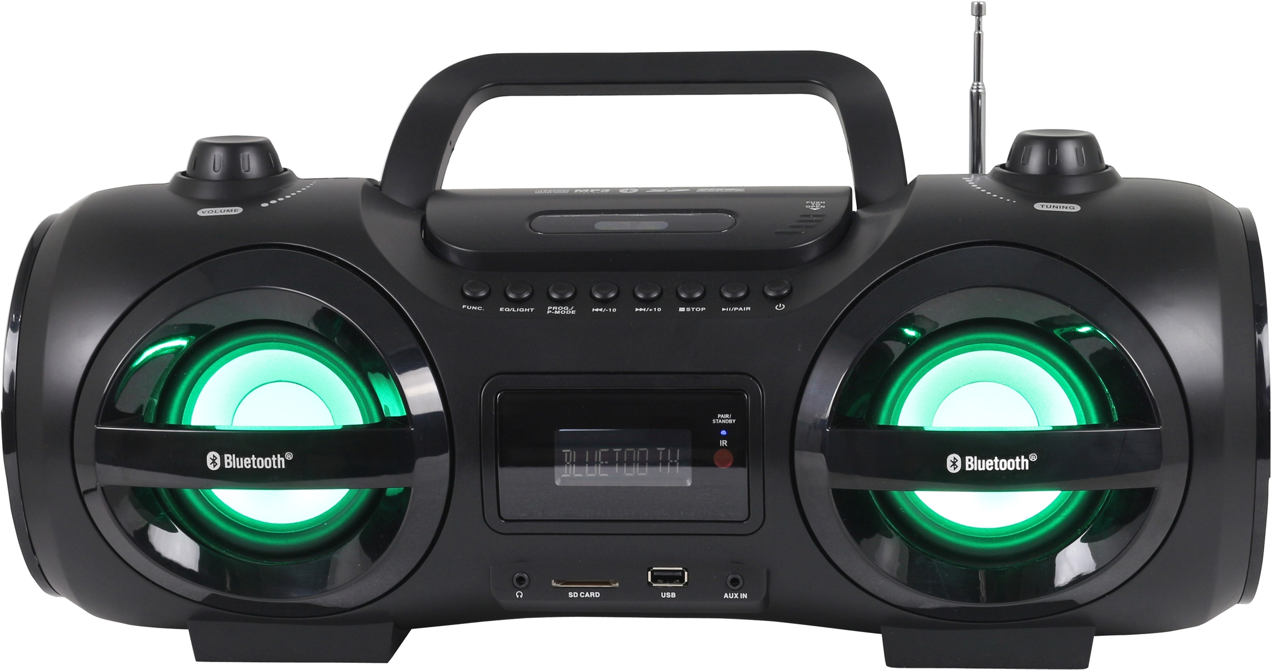 Eine schwarze Boombox mit grün beleuchteten Lautsprechern.