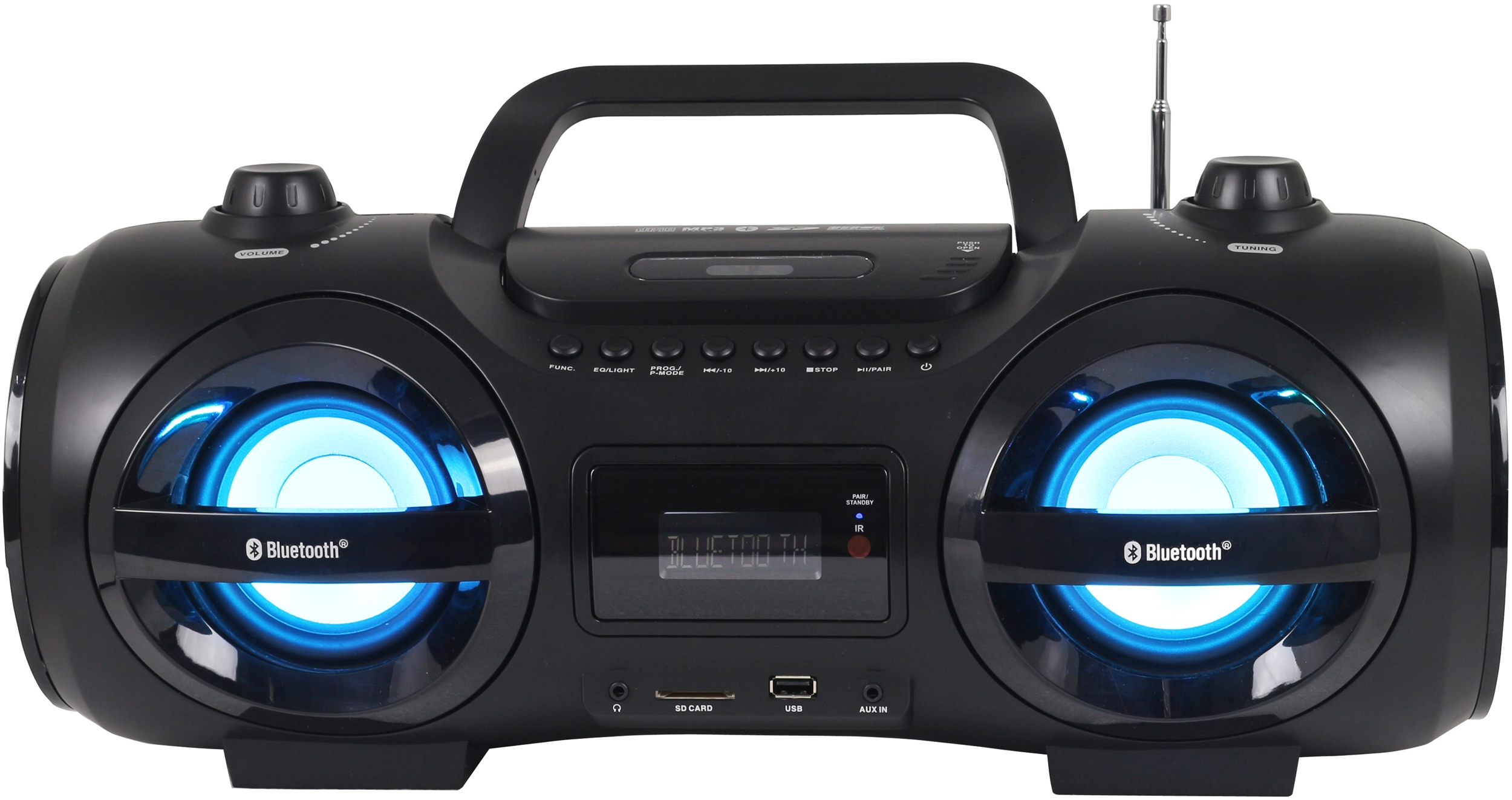 Eine schwarze Boombox mit blauen Lichtern in den Lautsprechern. Sie hat Knöpfe, einen Griff und Bluetooth.