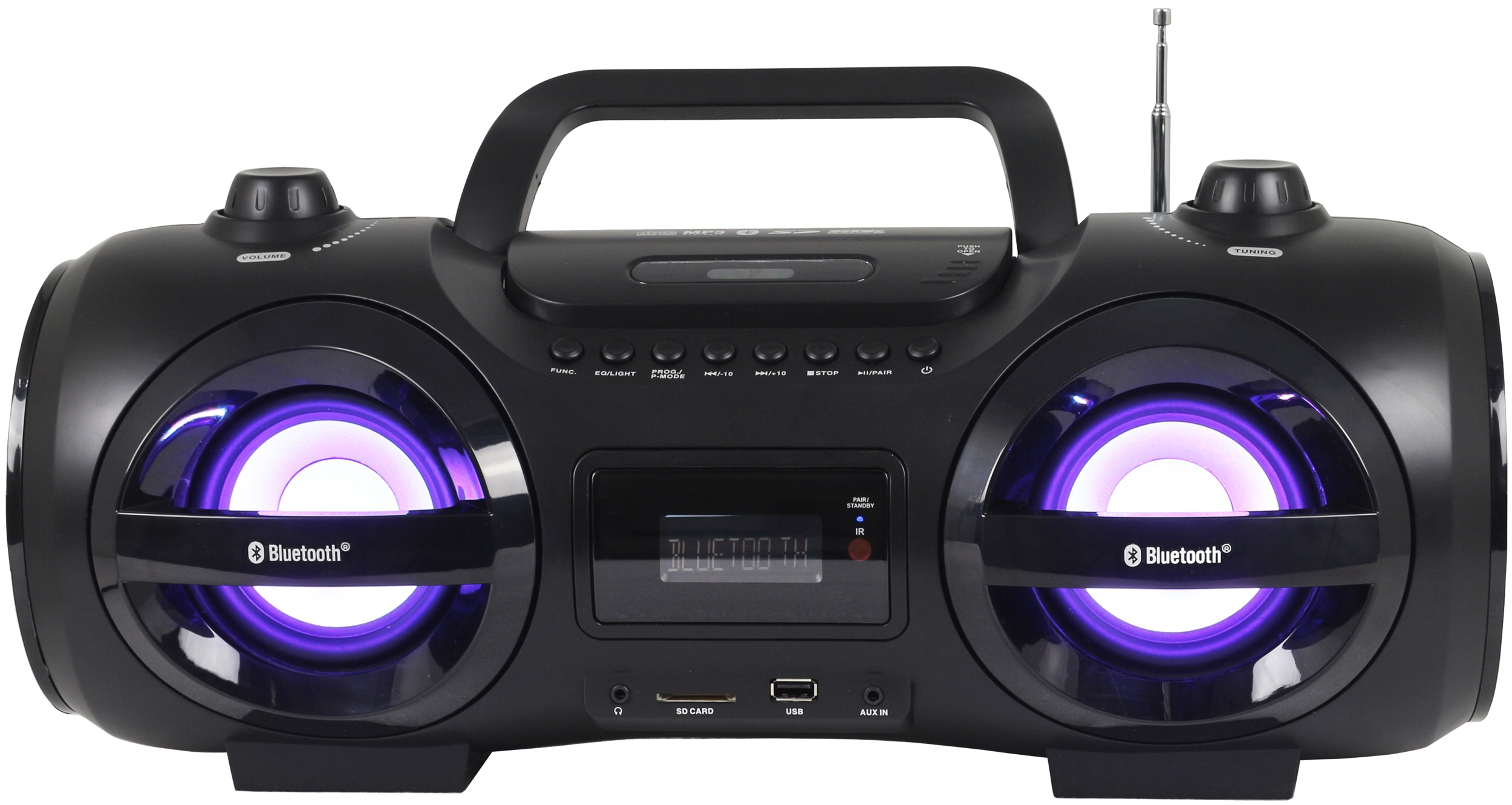Schwarze Boombox mit Lautsprechern auf beiden Seiten und einem Display. Bluetooth-Logo sichtbar.
