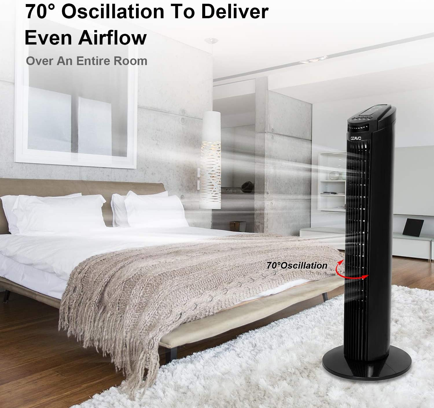 Ein schwarzer Turmventilator in einem Schlafzimmer, Text zeigt 70° Oszillation für Luftstrom.