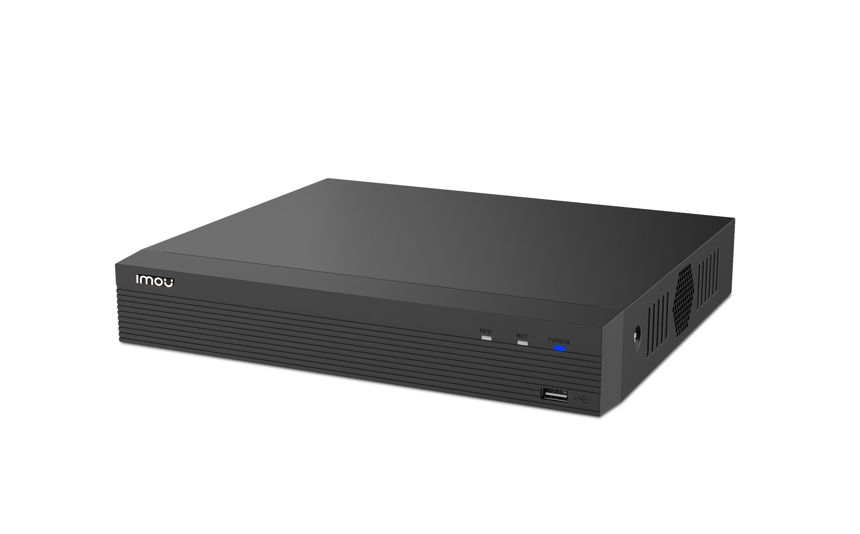 Sistema de seguridad DVR negro con luces y puerto USB. El dispositivo es rectangular y negro.