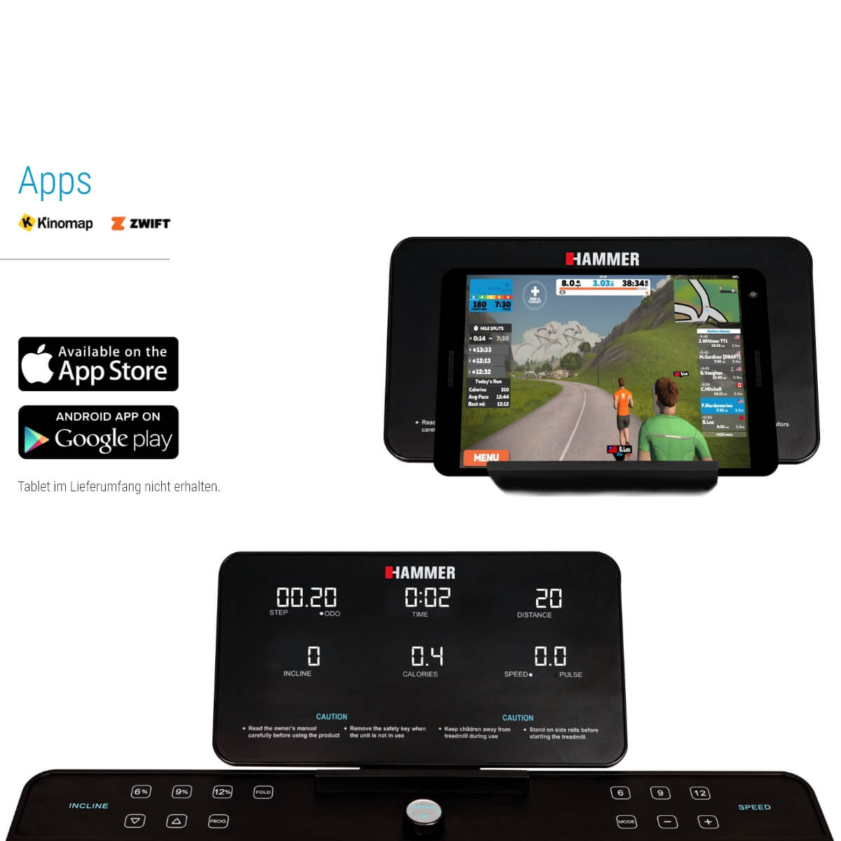 Laufband mit Tablet, das eine virtuelle Laufszene zeigt.