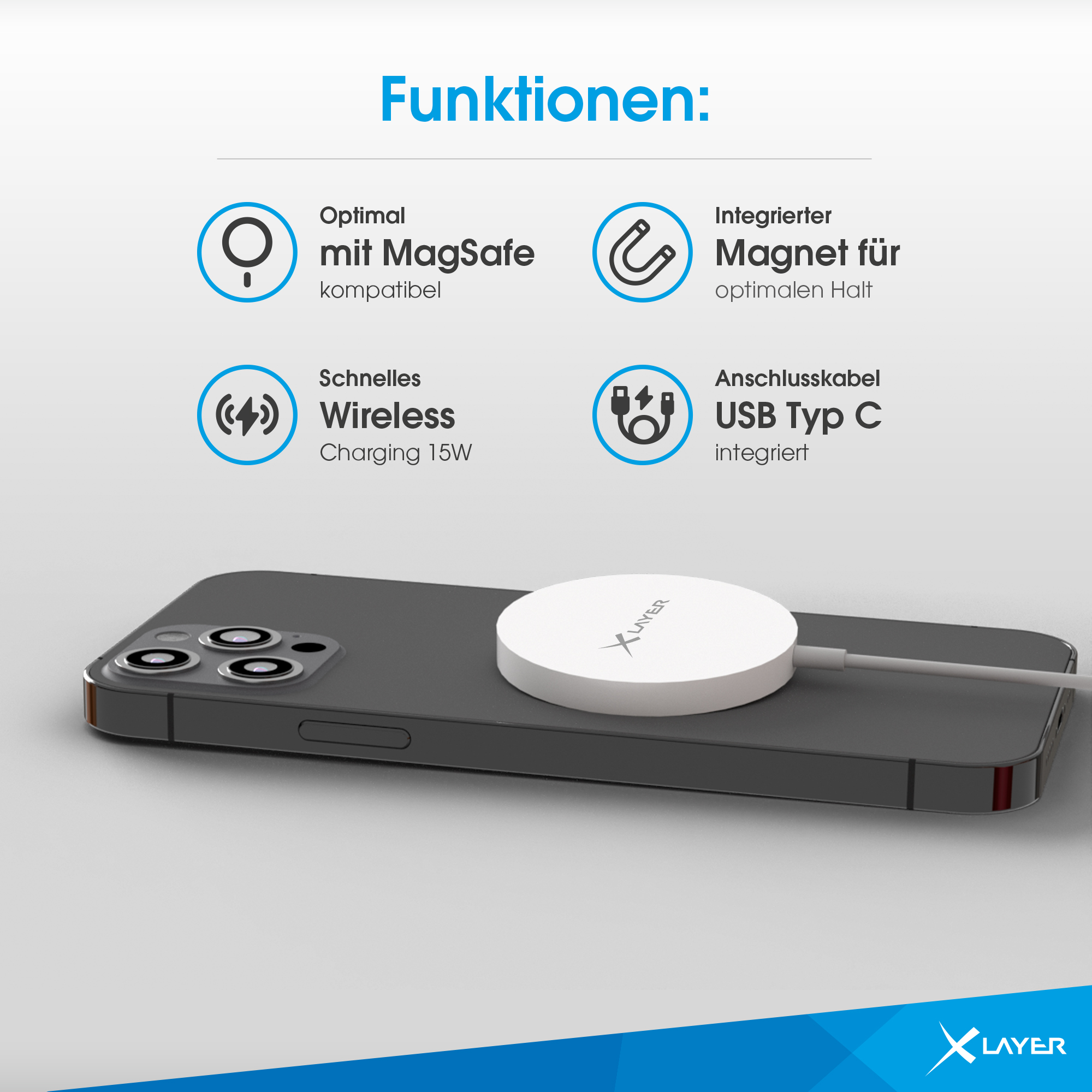 Ein kabelloses Ladegerät mit einem Telefon darauf und Funktionsbeschreibung: Wireless, MagSafe, USB-C.