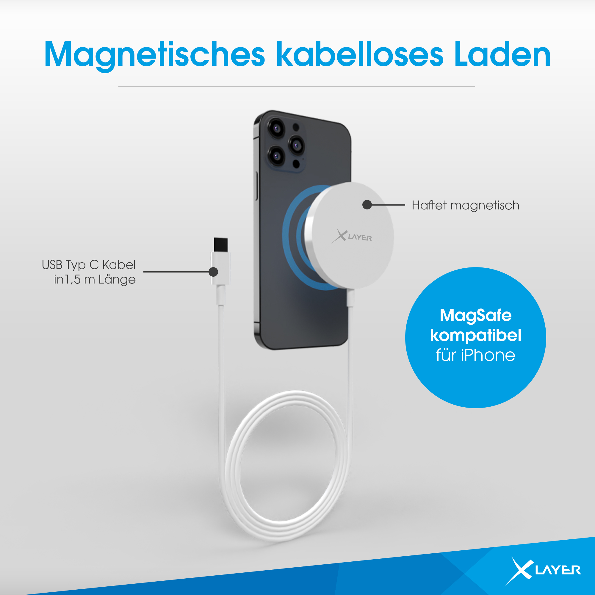 Ein schwarzes Smartphone mit weißem magnetischen Ladegerät und weißem USB-C-Kabel.