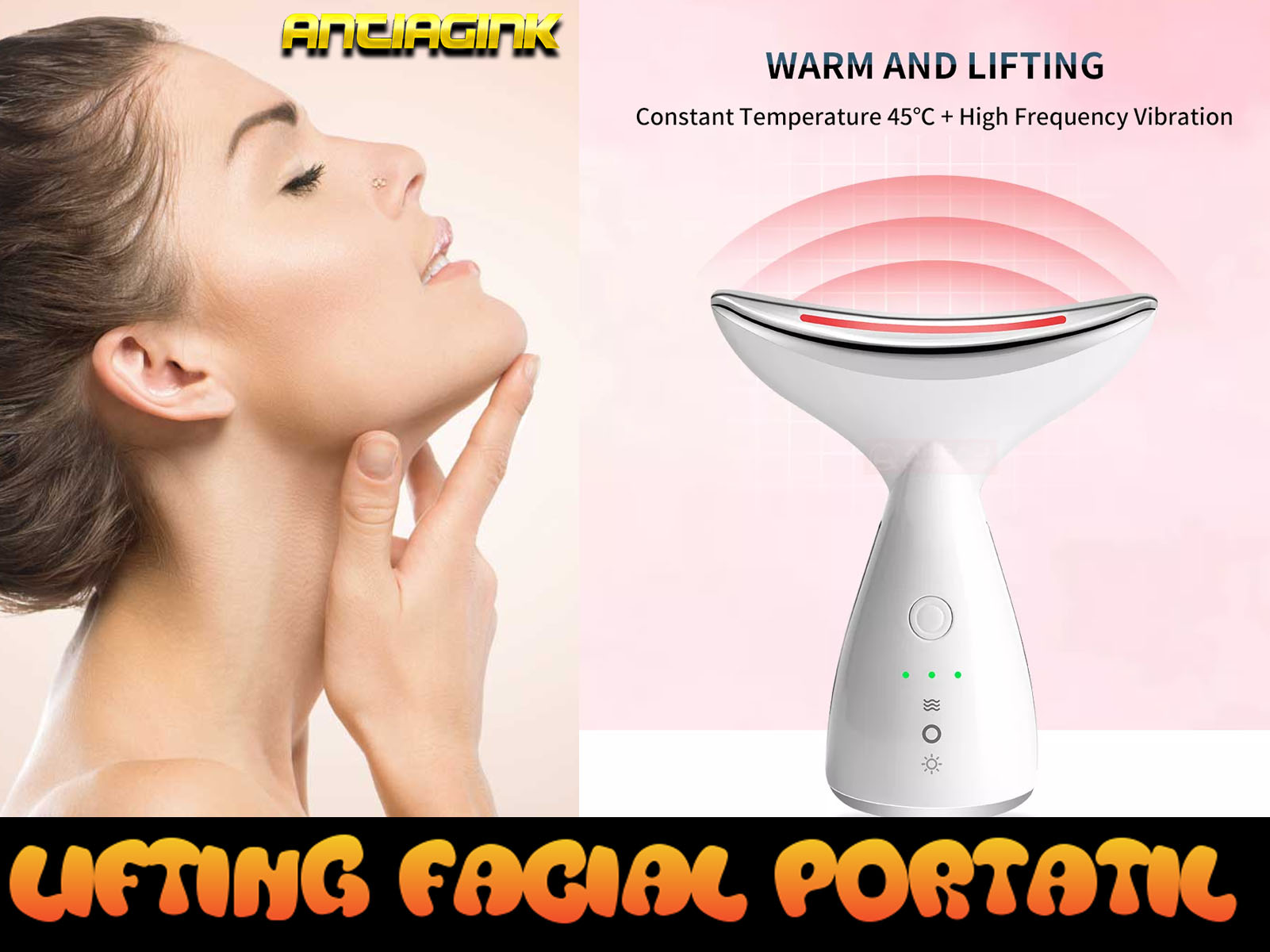 Cara y cuello de mujer con un dispositivo blanco y curvo. Dice "LIFTING FACIAL PORTATIL".