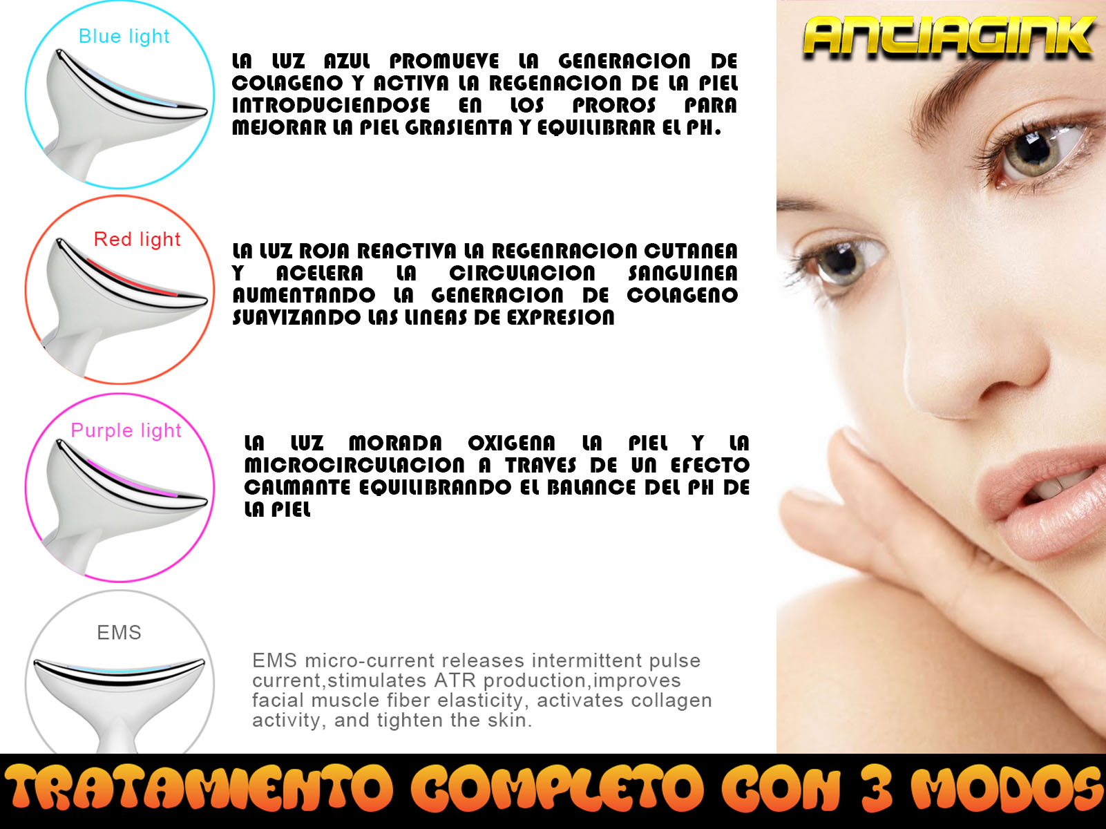 Dispositivo de tratamiento facial con opciones de luz azul, roja, morada y descripciones.
