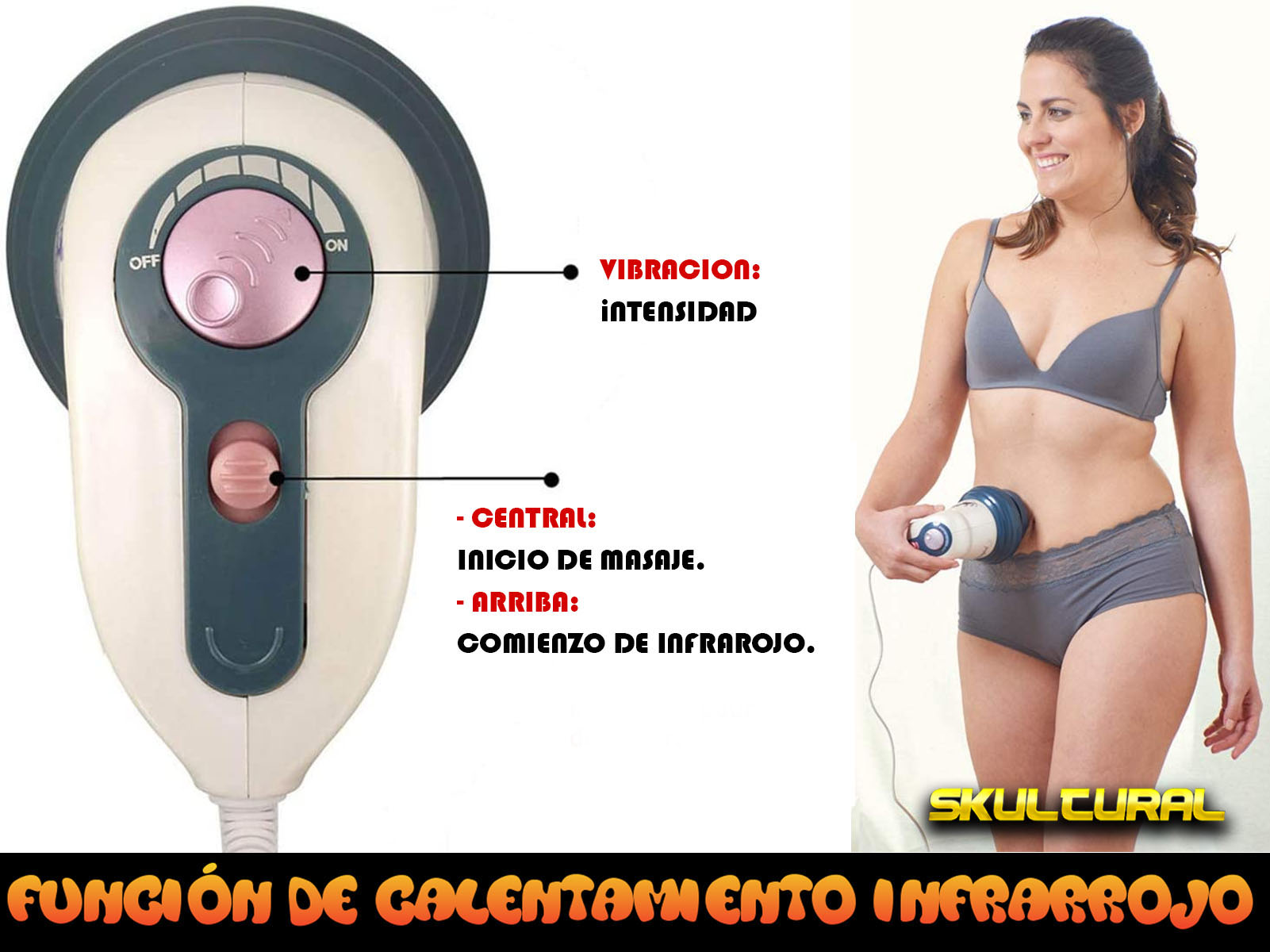 Mujer usando masajeador en abdomen; dispositivo con leyenda 'Funcion de Calentamiento'.