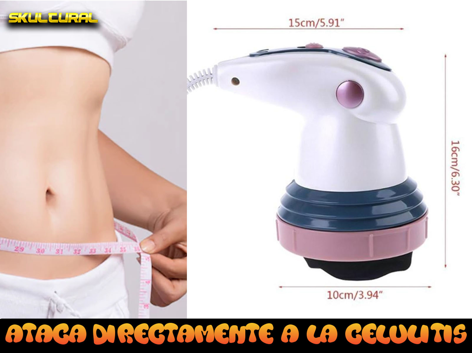 Mujer midiendo la cintura con dispositivo reductor de celulitis blanco y rosa.