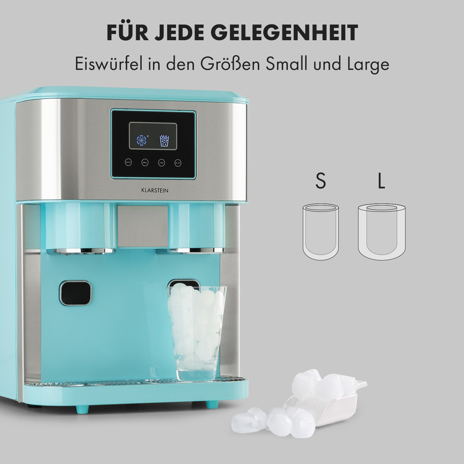 Blau-silberner Eisbereiter, mit Eiswürfeln und zwei Glaszeichnungen. Text oben.