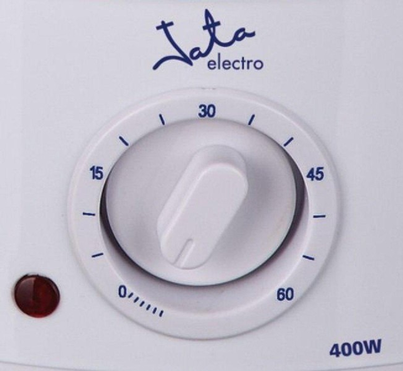 Primer plano de un dial blanco con números y una perilla. El texto Jata electro está arriba.