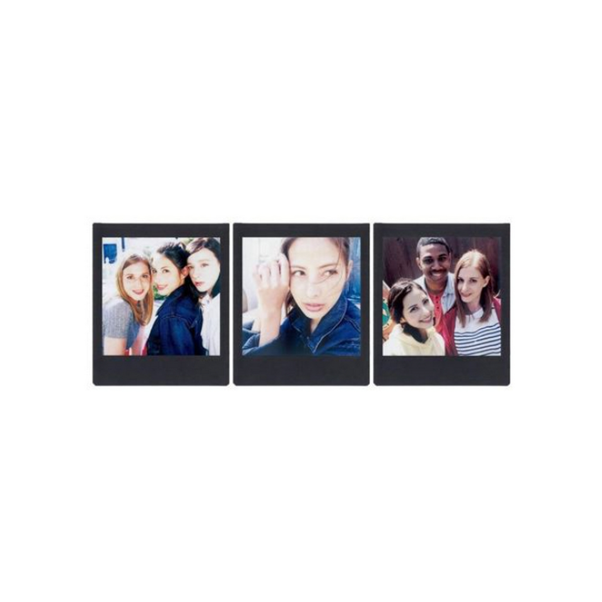 Three framed instant photos of people, arranged on a white background.