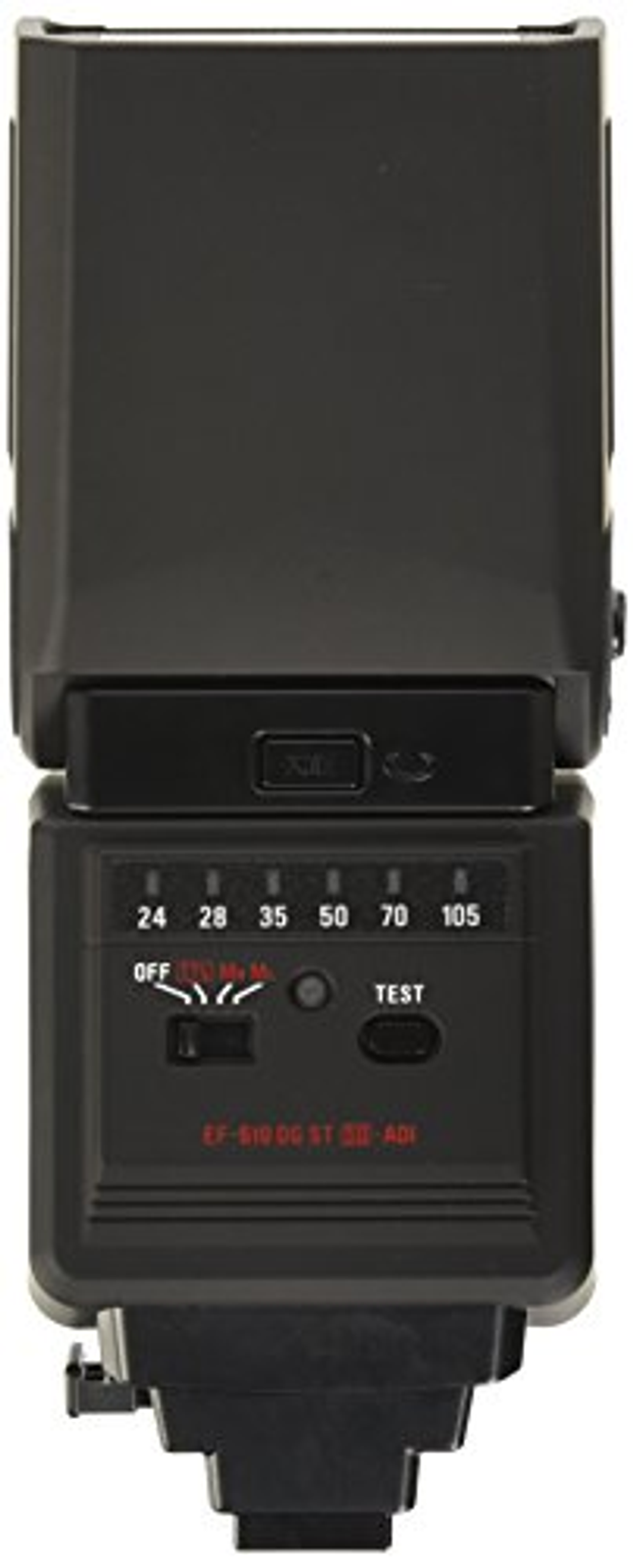 Flash de cámara negro. Tiene un interruptor para ajustes y un botón de prueba.