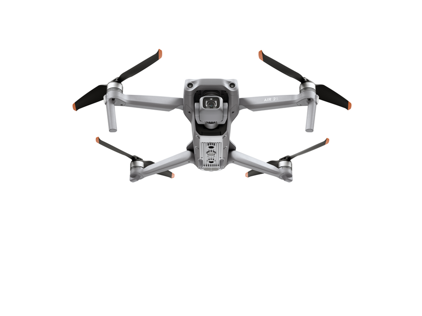 Graue Drohne mit schwarzen Propellern und orangen Spitzen, vor weißem Hintergrund, nach oben geneigt.