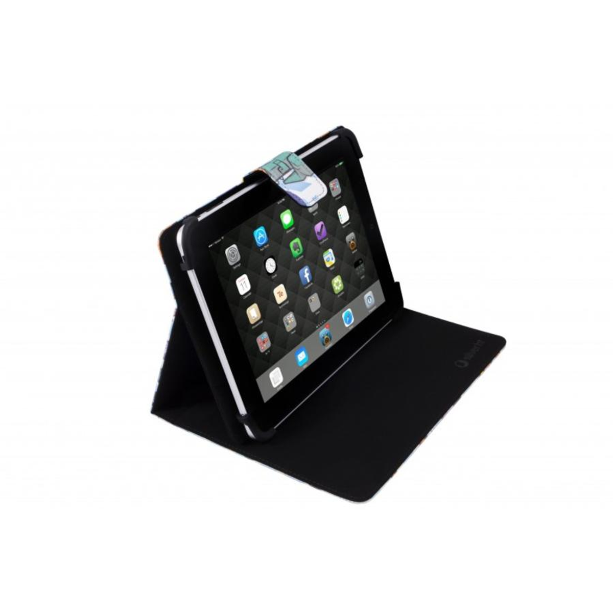 Tableta negra en una funda. La tableta muestra iconos de aplicaciones, en ángulo sobre fondo blanco.