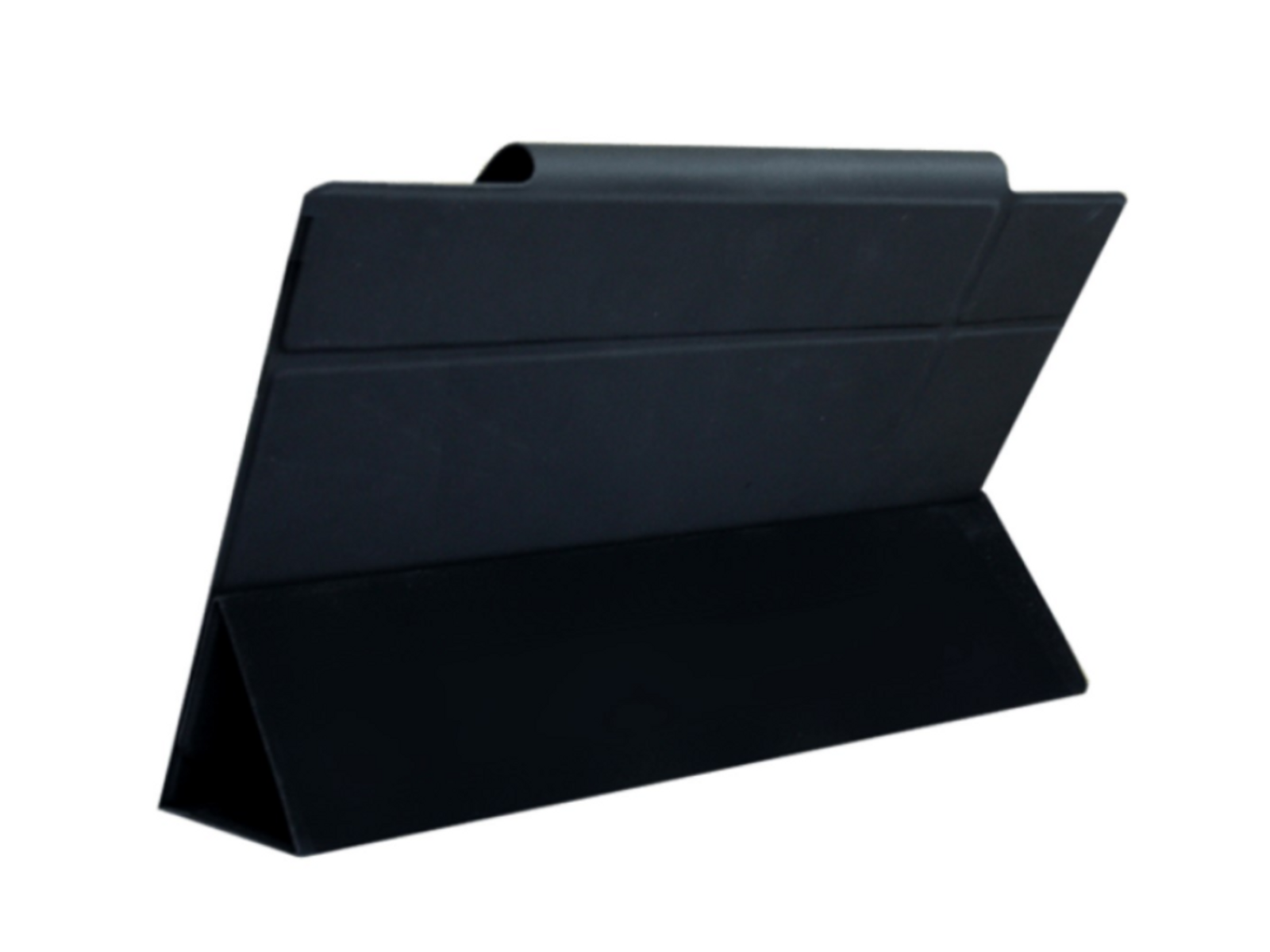 Un soporte de tableta negro en posición plegada. Hecho de un material negro mate.