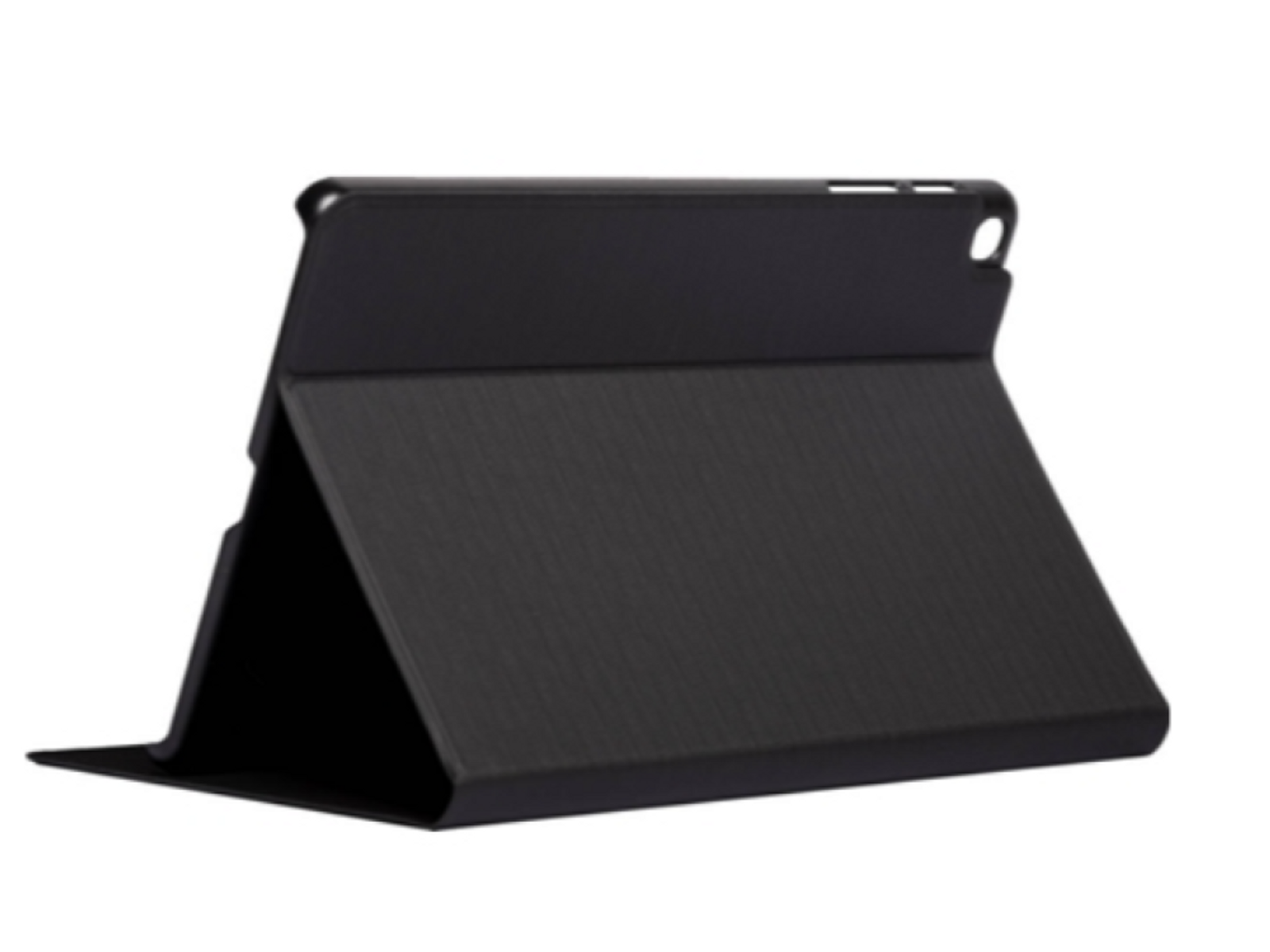 Funda negra para tablet con función de soporte. La funda está cerrada, la tablet dentro.