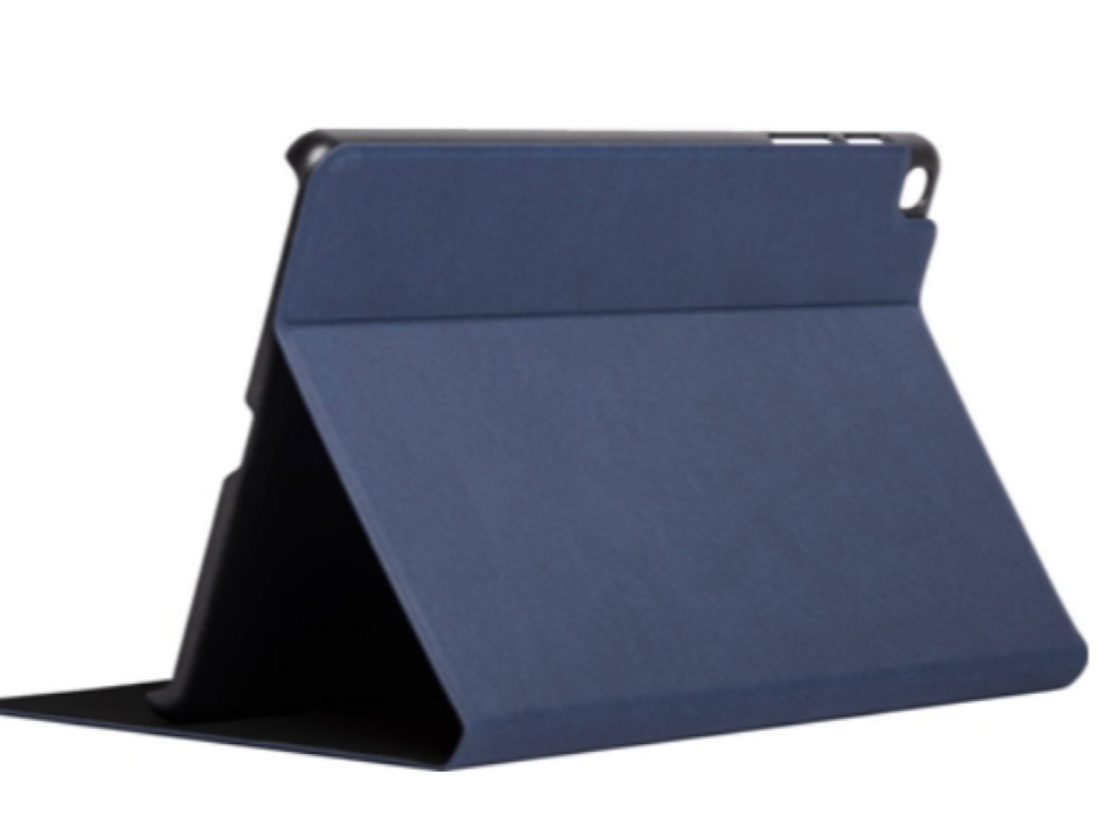 Funda azul para tableta. La funda está doblada, funcionando como soporte. El interior es negro. Proporciona protección.