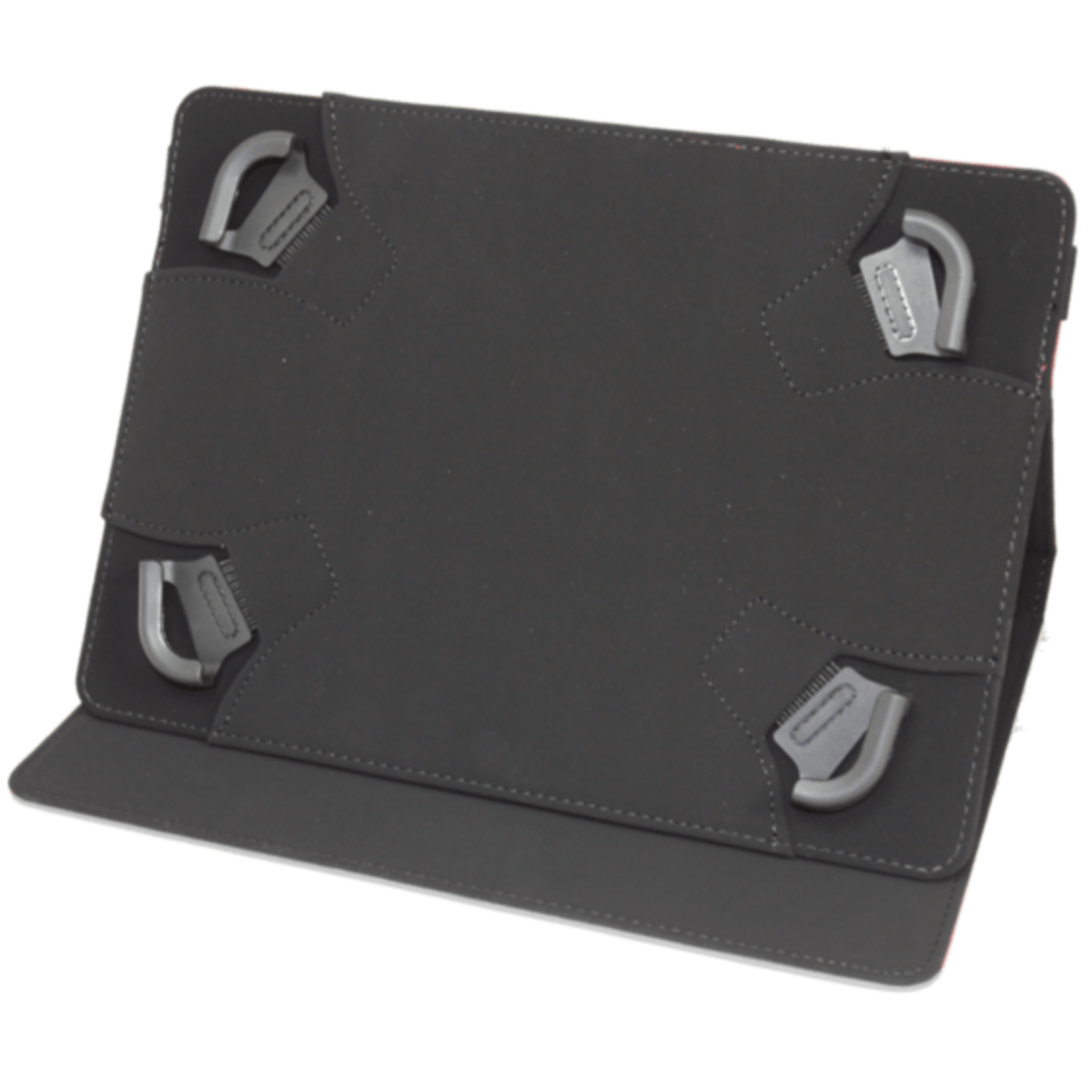 Funda de tableta negra con correas, vista trasera. Correas grises. Fondo blanco.