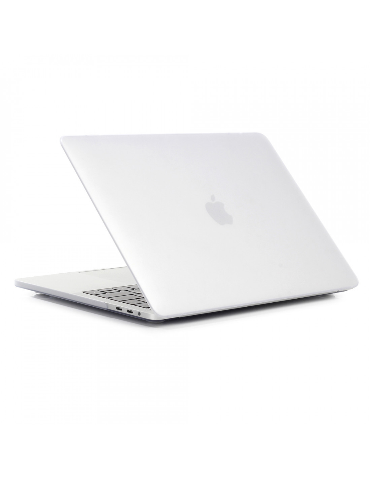 Portátil blanco con logo de Apple, cerrado.