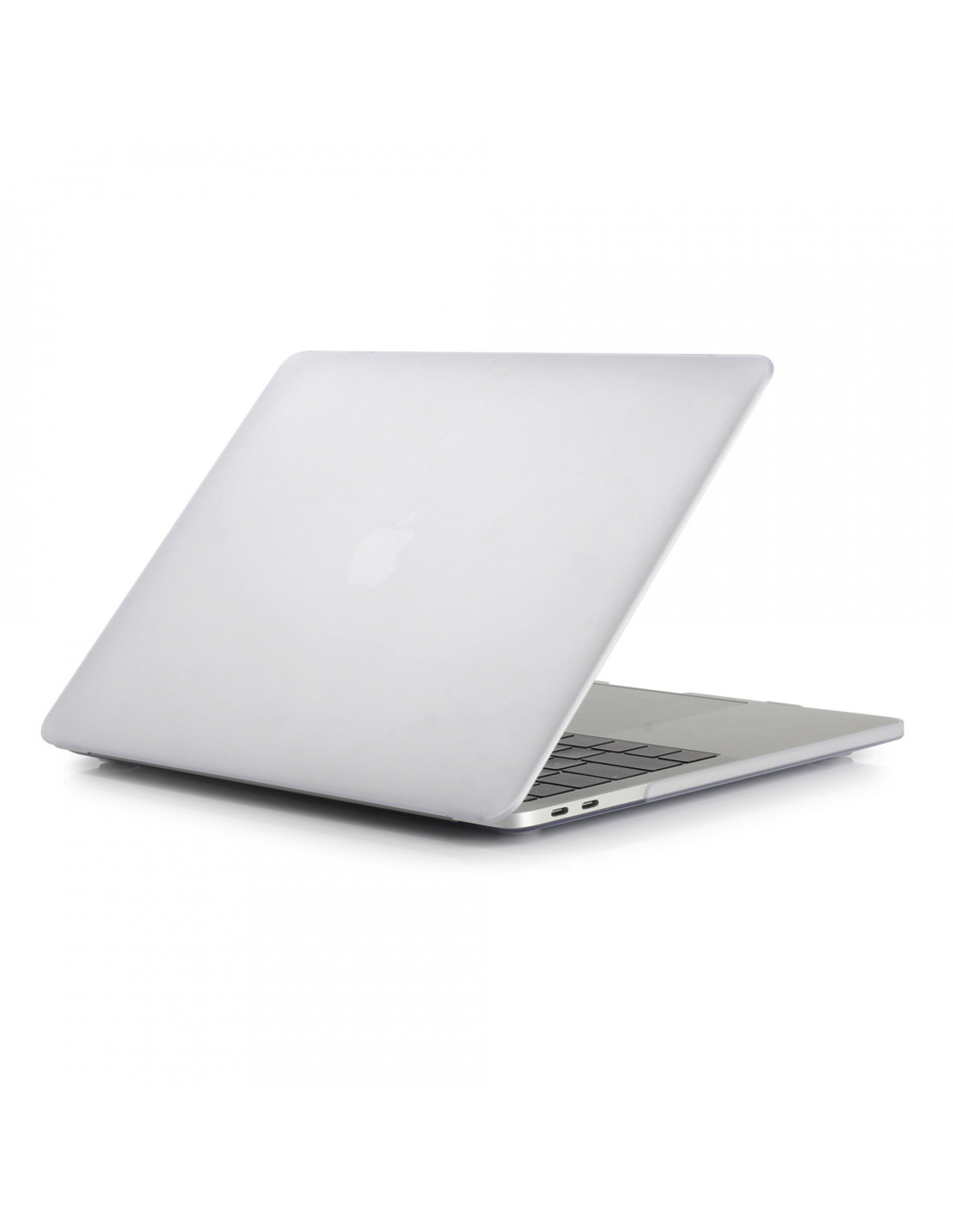 Un portátil Macbook plateado, cerrado y en ángulo. El logotipo de Apple es visible en la parte superior.