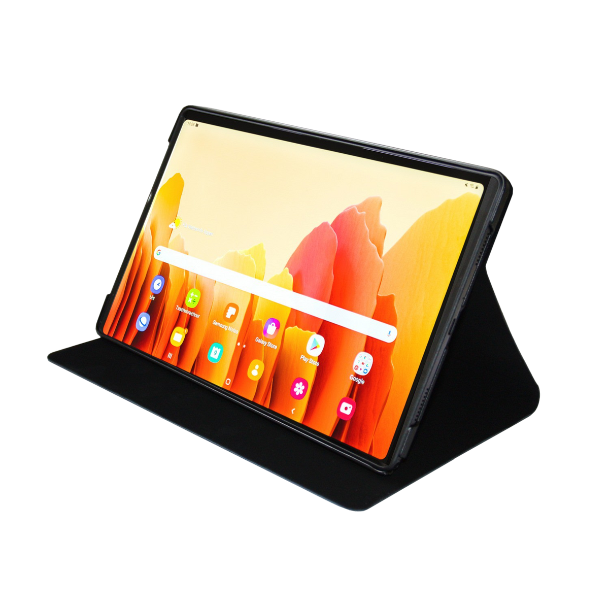 Tableta negra con pantalla colorida, apoyada en una funda negra.