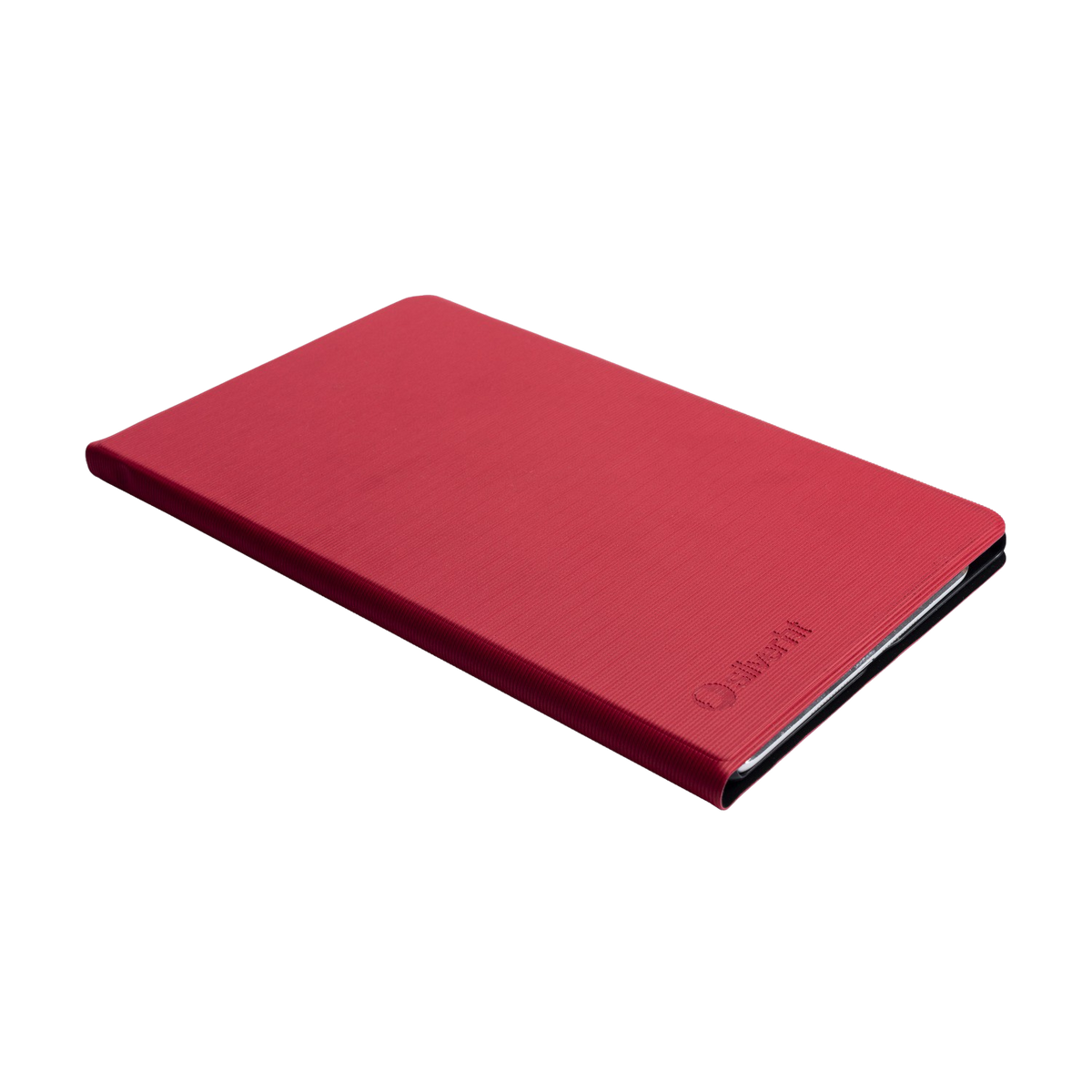 Funda roja y texturizada para tableta sobre una superficie negra. La esquina tiene un pequeño logotipo.