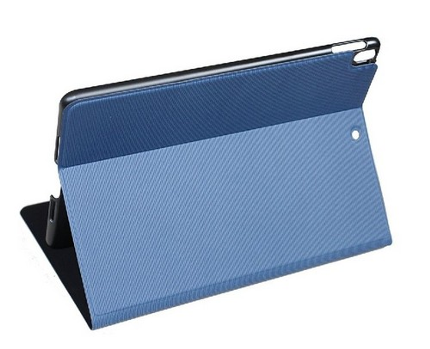 Funda de tableta azul y gris. Está abierta, mostrando el interior. Fondo blanco.
