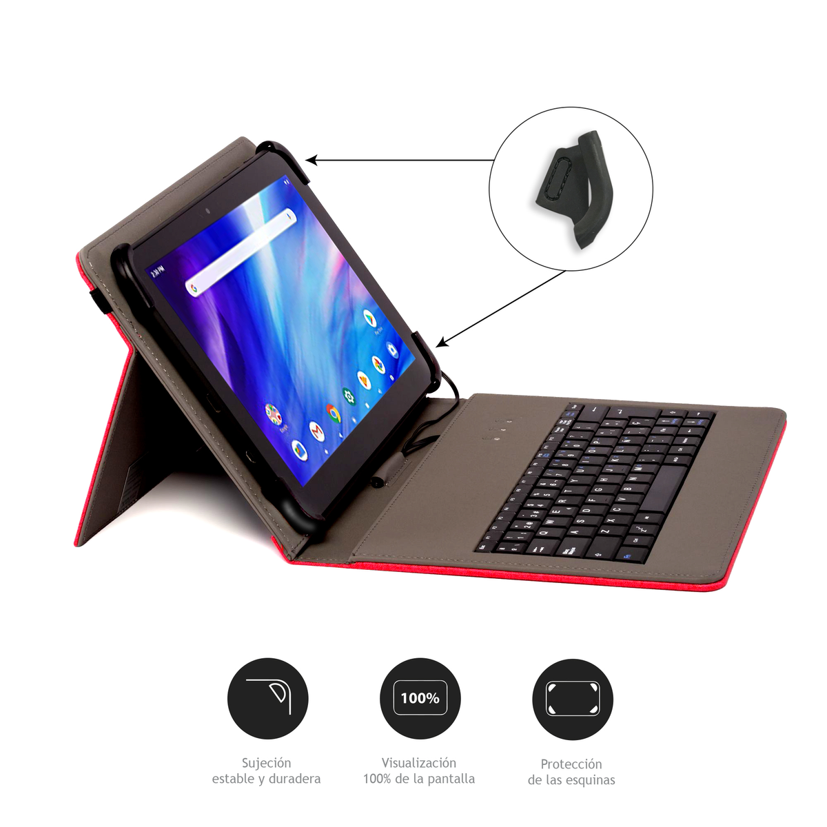 Una tableta en una funda con teclado e iconos que indican funciones.