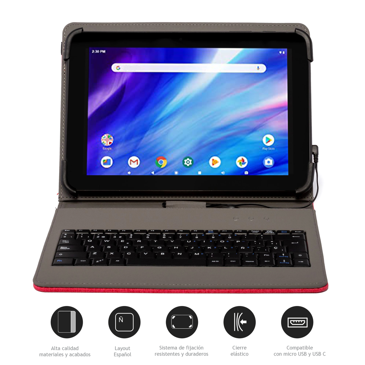 Tableta con funda de teclado. Iconos describen funciones. Fondo gris.