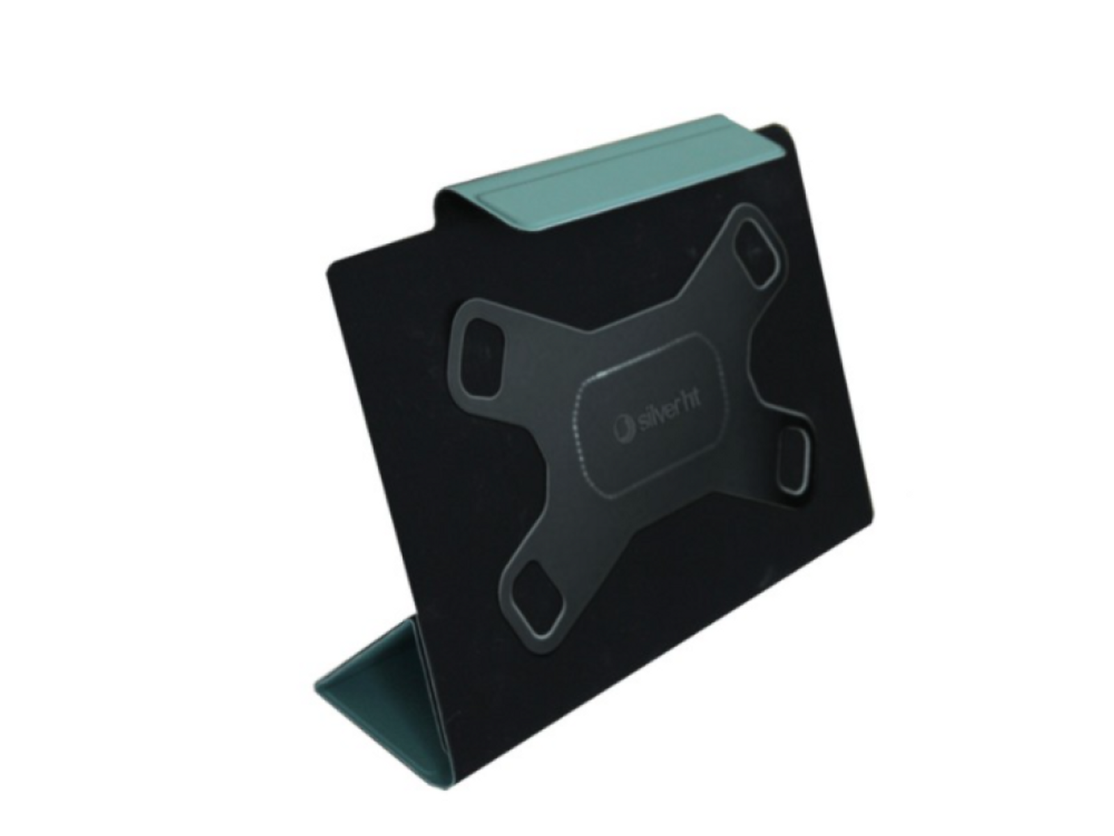 Soporte para tableta negro con acento verde y logo silverfit.