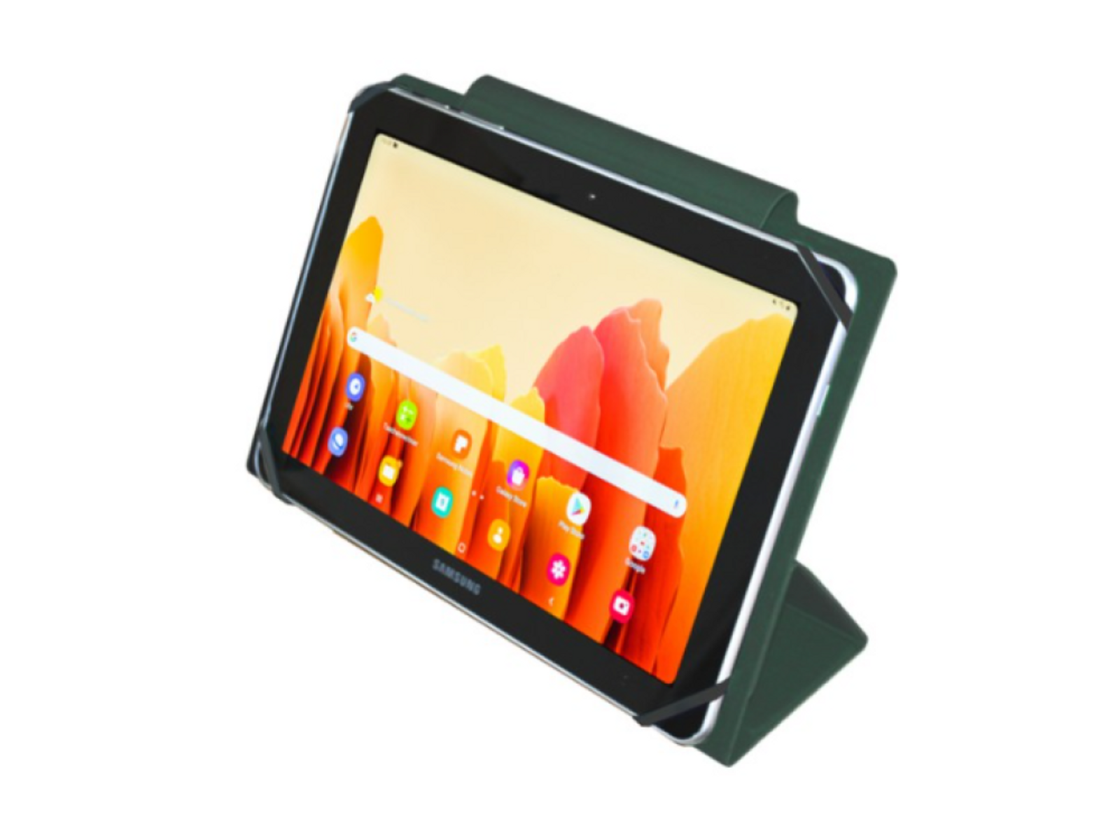 Una tableta en una funda verde. La pantalla muestra iconos de aplicaciones y una pantalla de inicio.