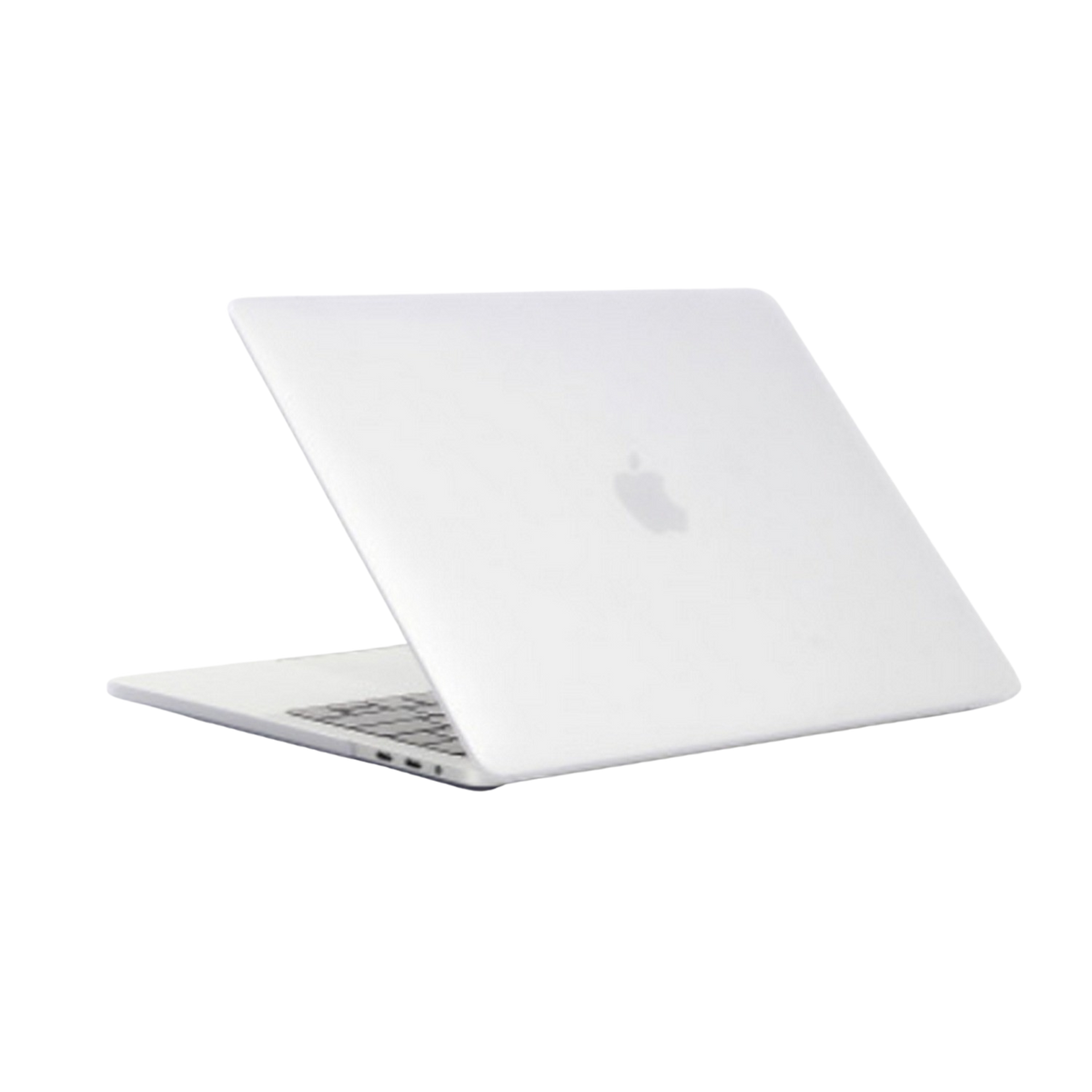 Portátil blanco, logotipo de Apple visible en la parte trasera. Pantalla cerrada, vista en ángulo.